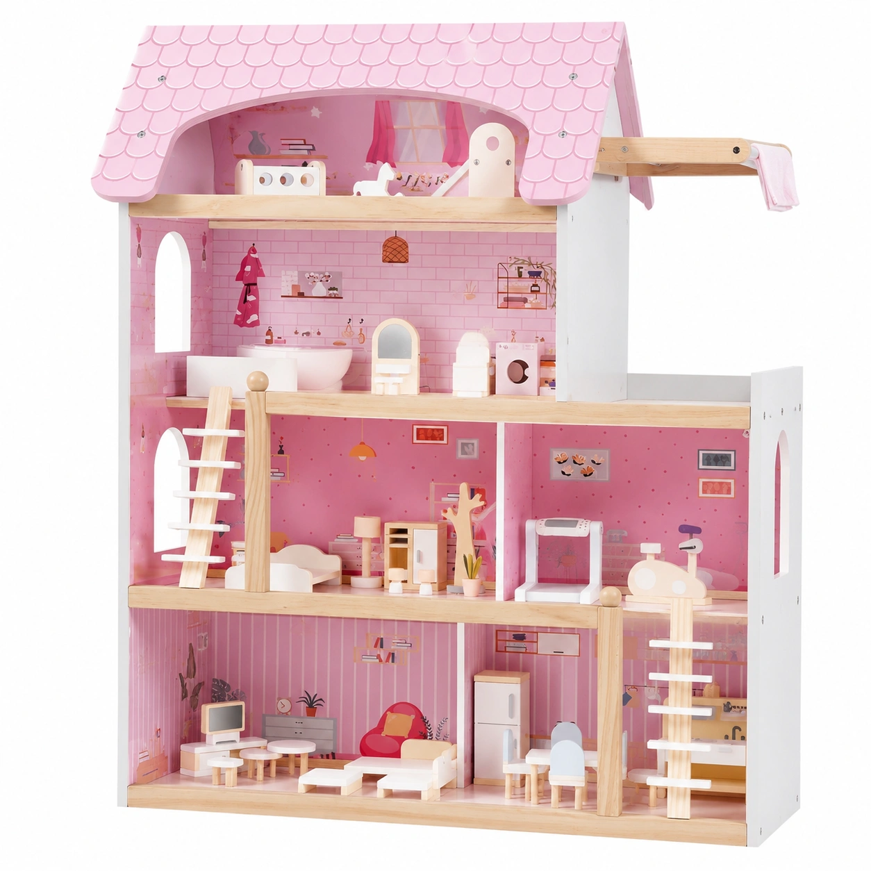 Maison de Poupée en Bois à 4 Étagères avec Accessoires-Elmnord
