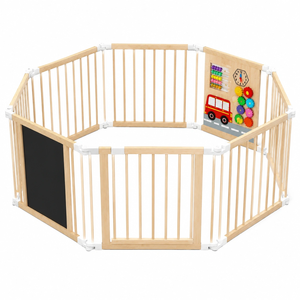 Enclos de Jeu Éducatif en Bois pour Enfants, Pliable et Portable, Forme Ajustable, avec Tableau et Plateau de Jeu-Elmnord