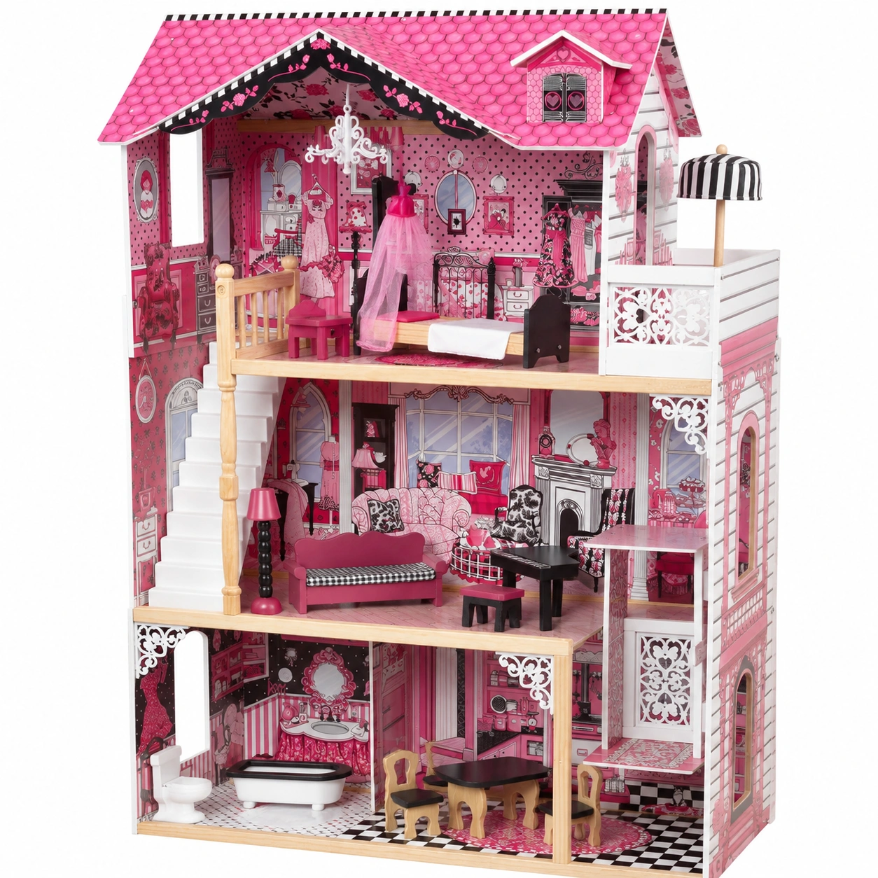 Maison de poupée en bois avec accessoires et mobilier pour enfants dès 3 ans-Elmnord