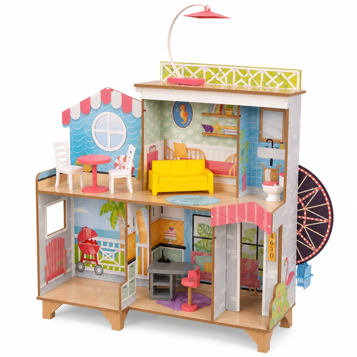Maison de Poupée en Bois avec Accessoires et Mobilier - 3 Étagères de Jeu-Elmnord