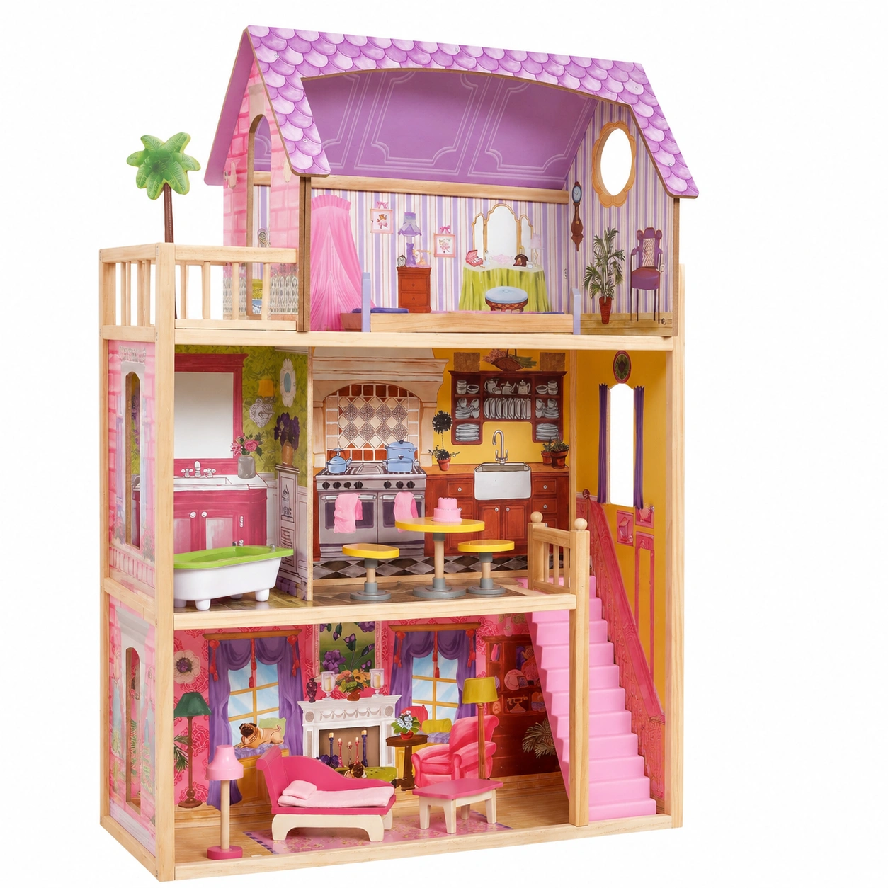Maison de poupée en bois avec accessoires et mobilier, 3 étages pour poupées de 30 cm, jouet pour enfants dès 3 ans-Elmnord