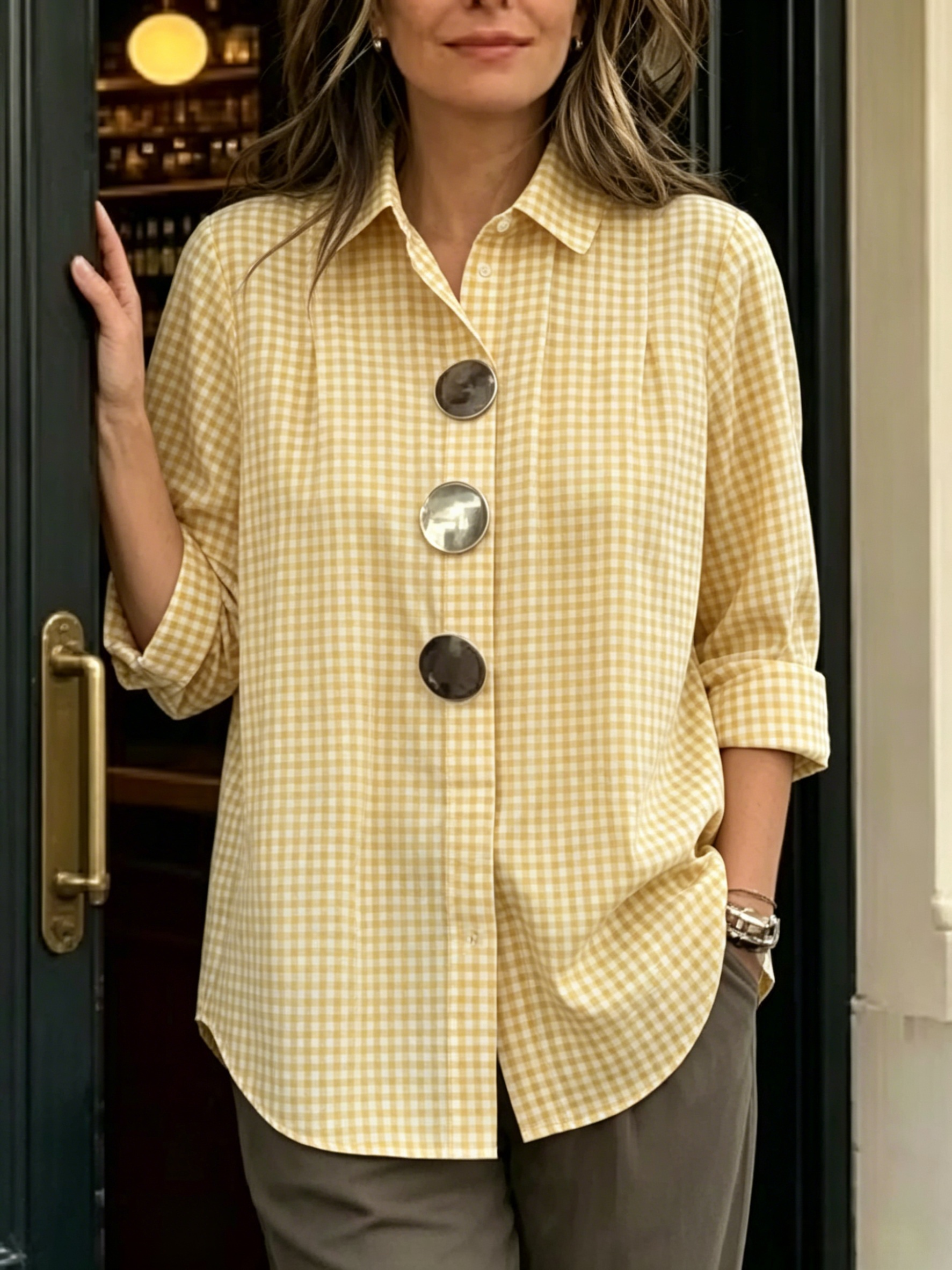 Today 49% off🔥 Women's Statement Button Gingham Pintuck Blouse