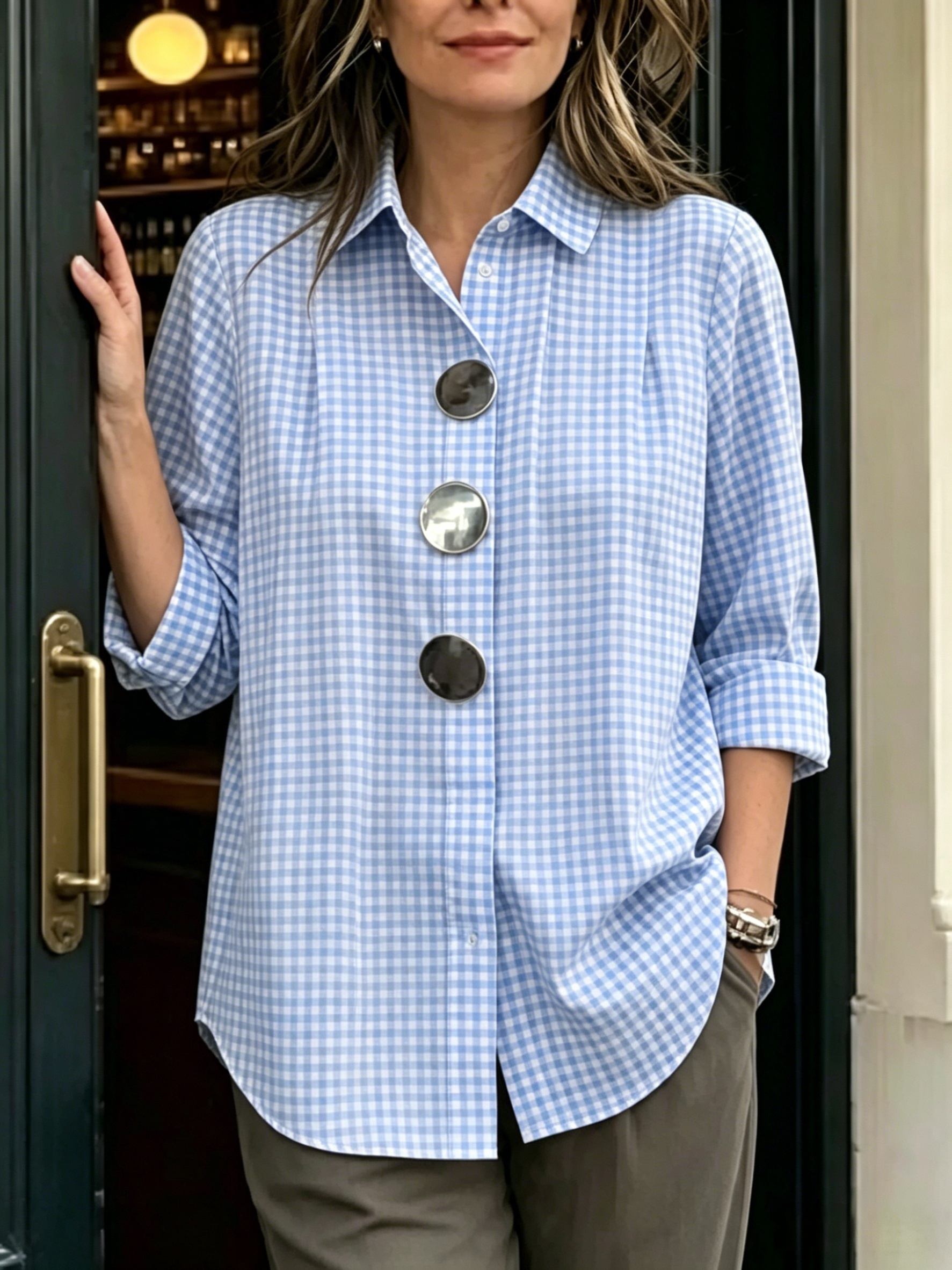Today 49% off🔥 Women's Statement Button Gingham Pintuck Blouse