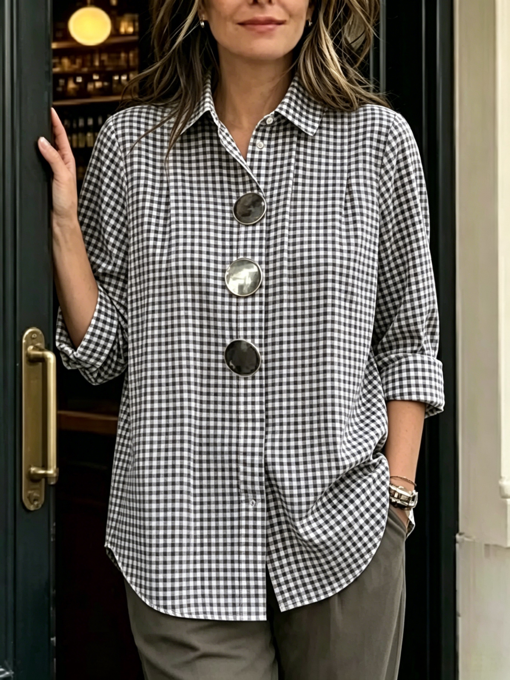 Today 49% off🔥 Women's Statement Button Gingham Pintuck Blouse
