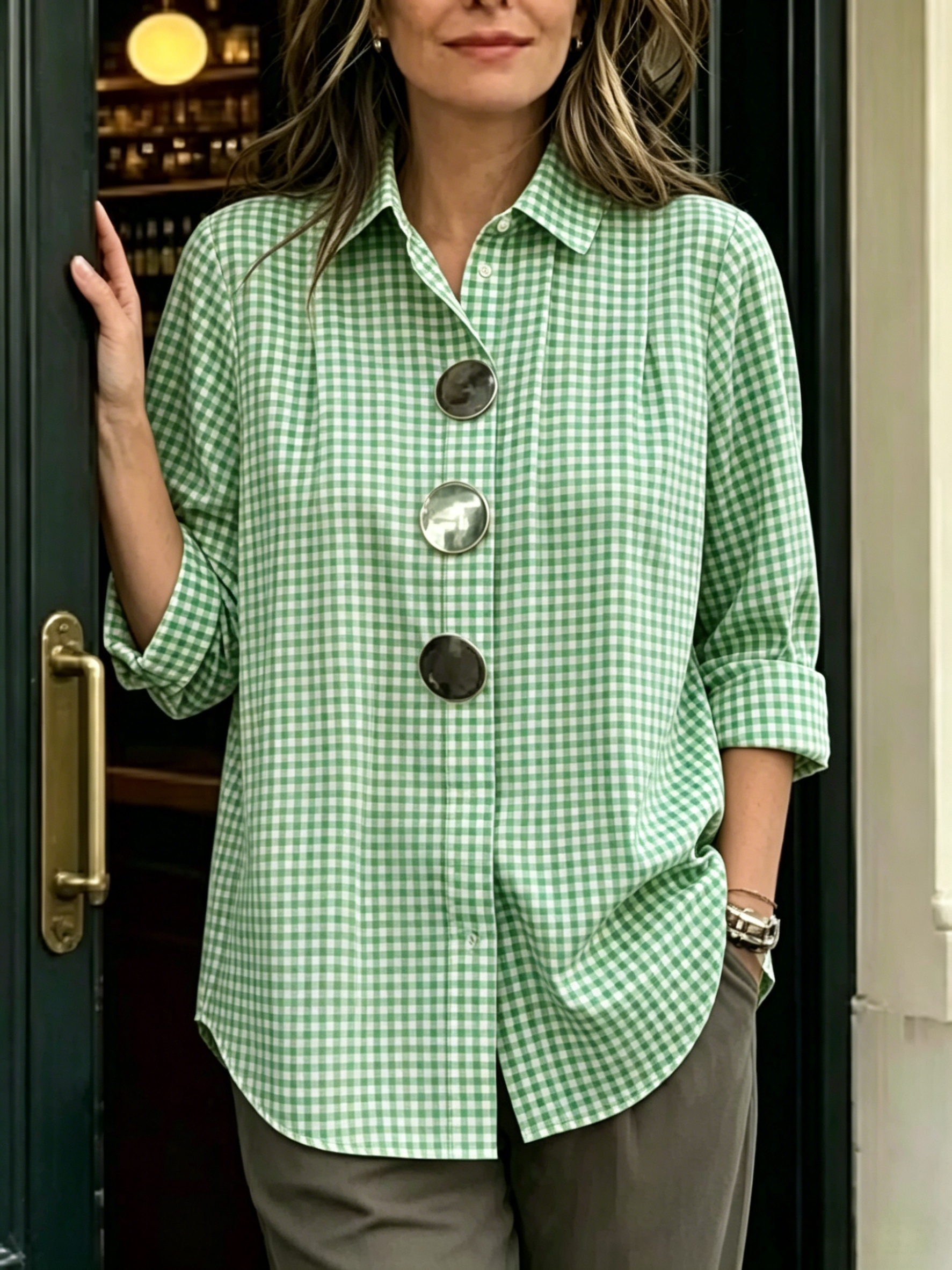 Today 49% off🔥 Women's Statement Button Gingham Pintuck Blouse