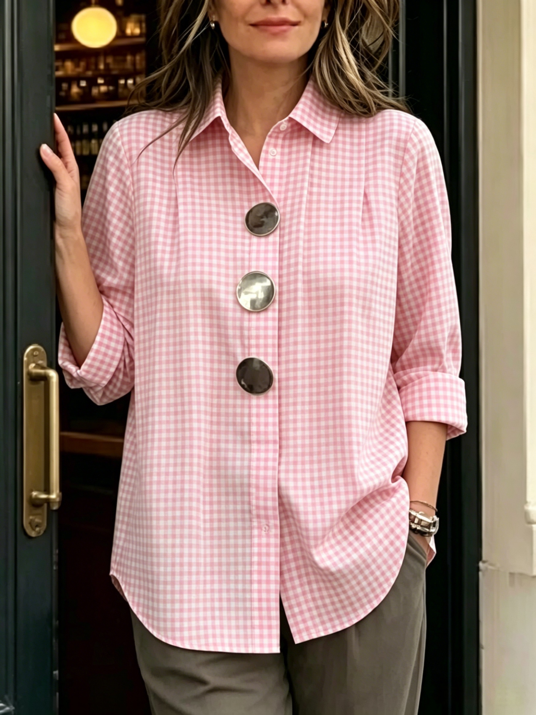 Today 49% off🔥 Women's Statement Button Gingham Pintuck Blouse