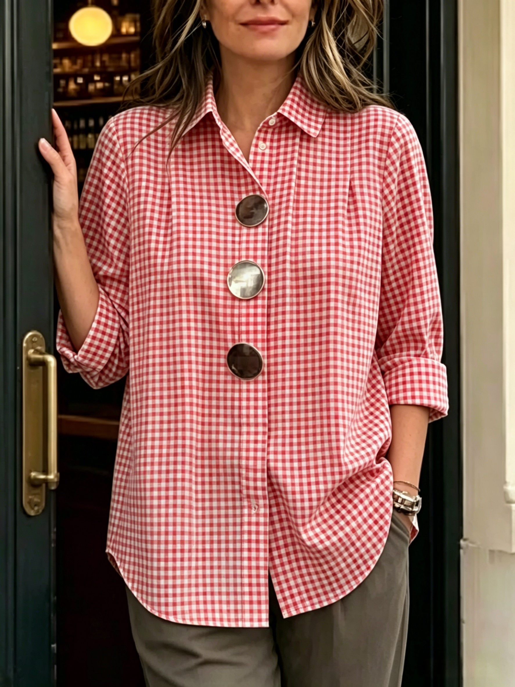 Today 49% off🔥 Women's Statement Button Gingham Pintuck Blouse