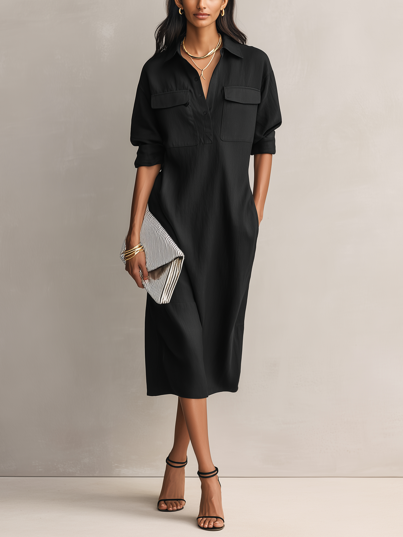 Women’s Casual Cotton-Linen Utility Shirt Dress with Pockets
