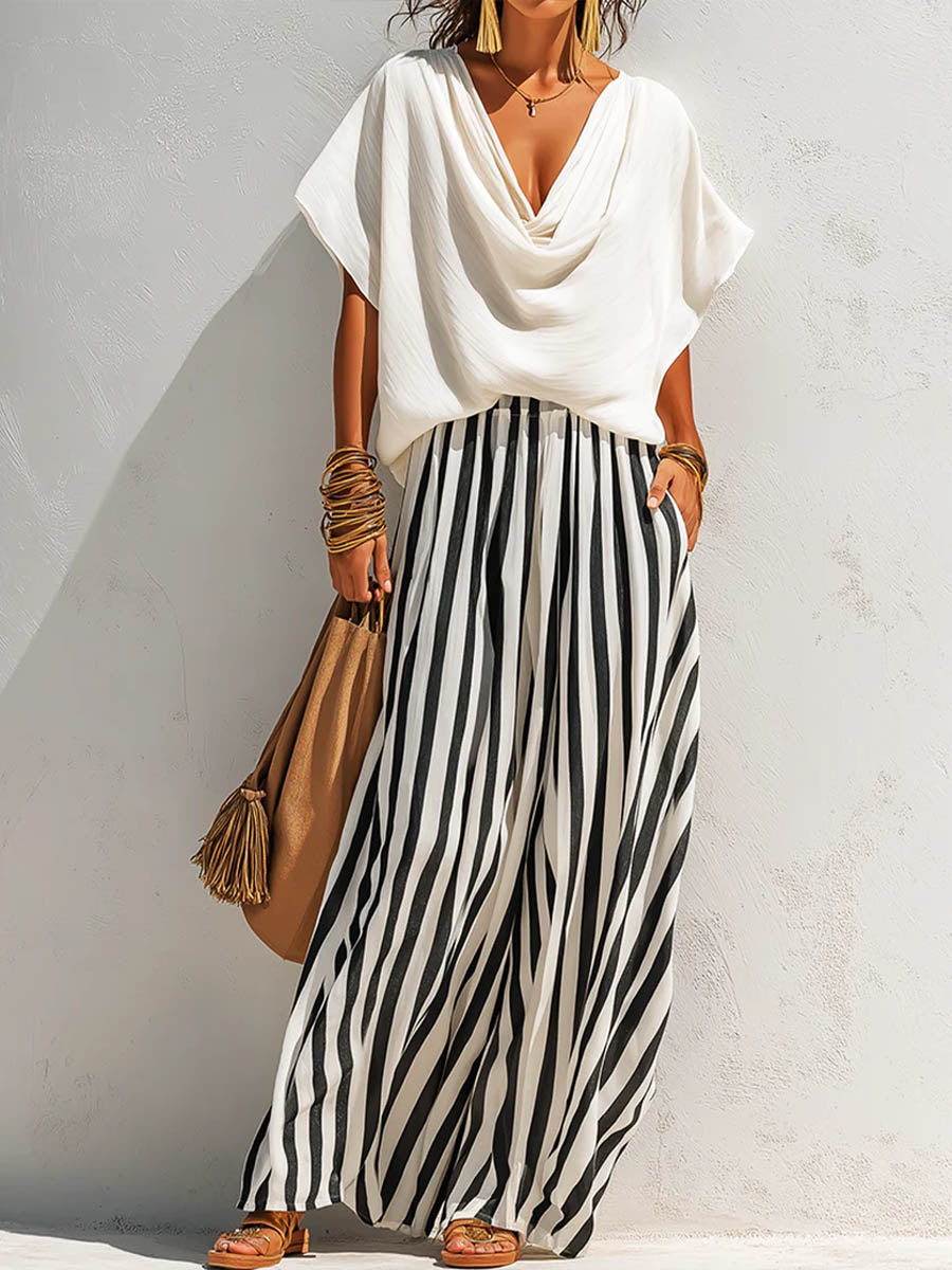 Women's Solid-color Cowl-neck Short-sleeve Loose-fit Cotton-linen Top & Elastic-waist Striped Wide-leg Cotton-linen Pants Set