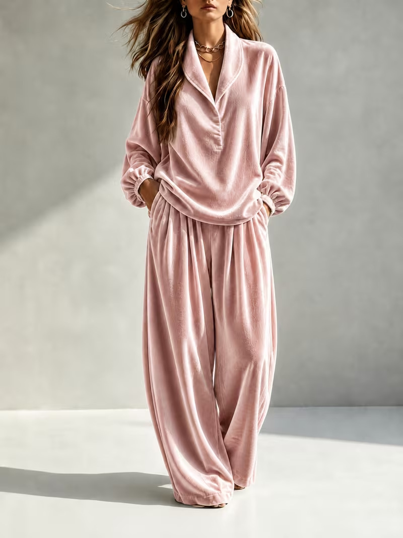 Cozy Velvet Lapel Long Sleeve Top & Wide-Leg Pants Two-Piece Lounge Set