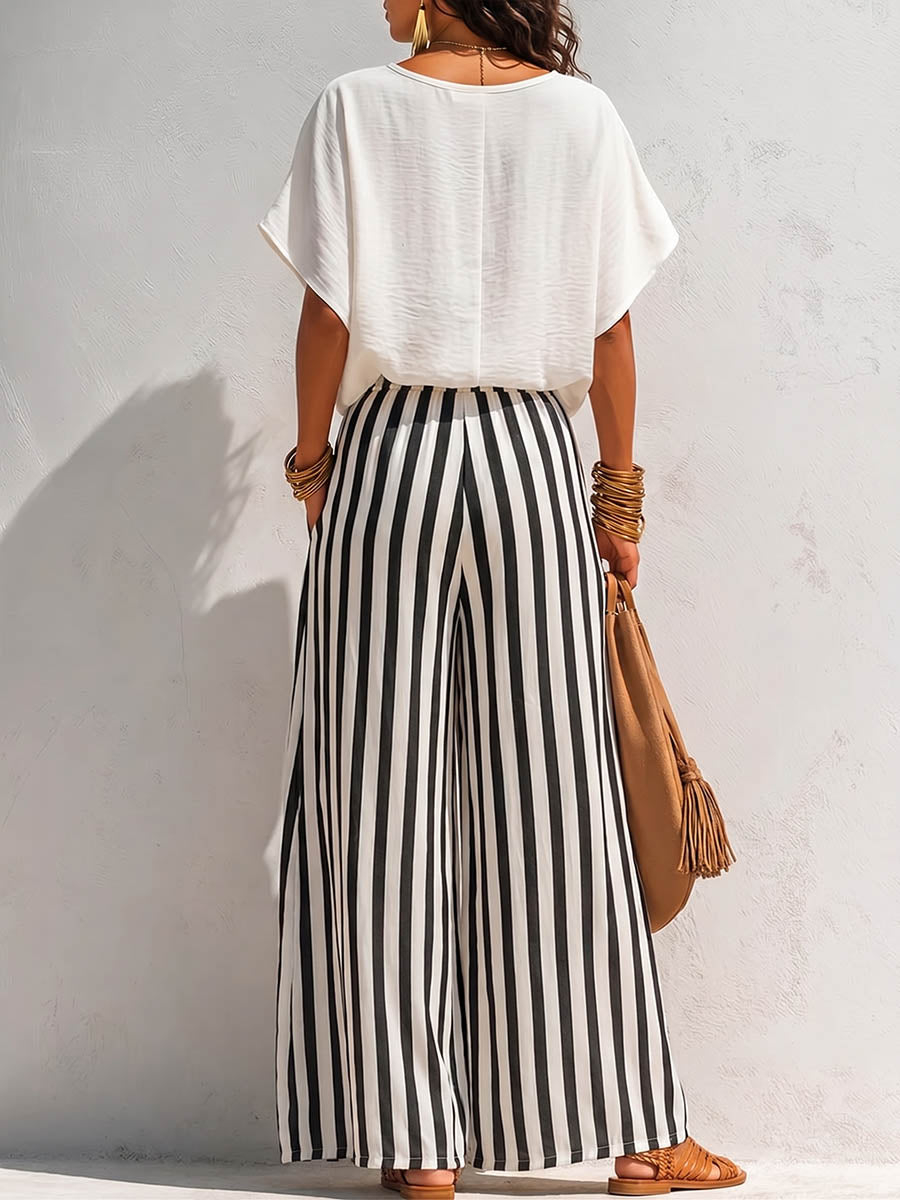 Women's Solid-color Cowl-neck Short-sleeve Loose-fit Cotton-linen Top & Elastic-waist Striped Wide-leg Cotton-linen Pants Set