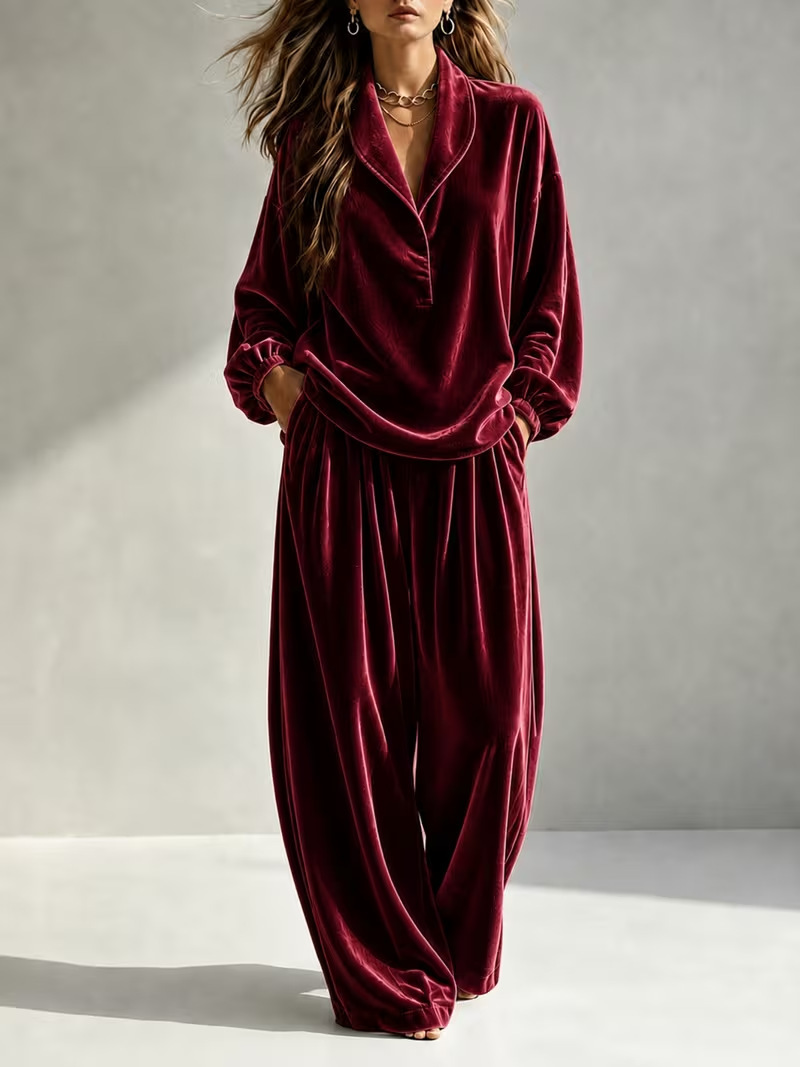 Cozy Velvet Lapel Long Sleeve Top & Wide-Leg Pants Two-Piece Lounge Set