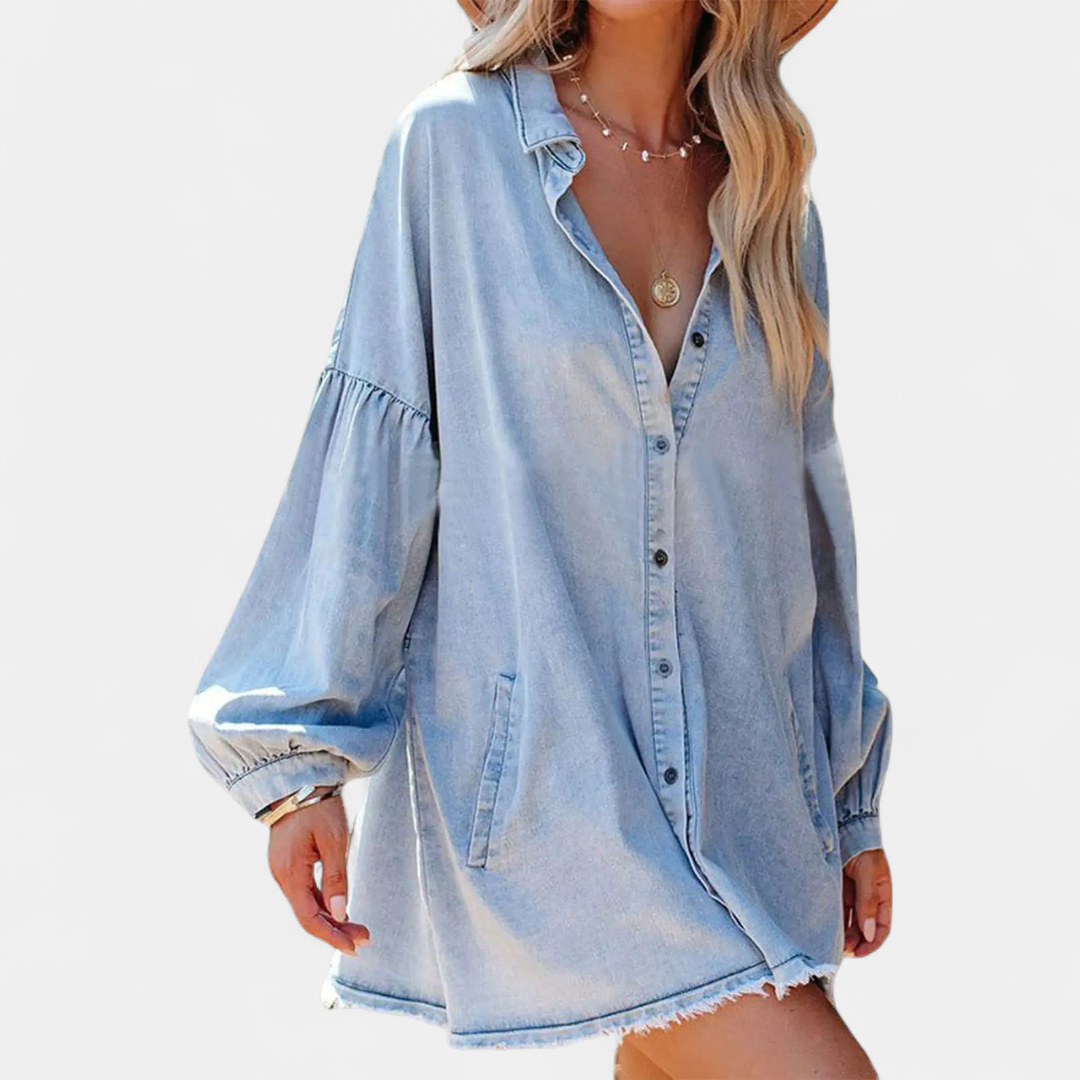 Oversized Fringe Hem Denim Shirt Dress with Lantern Sleeves & Pockets