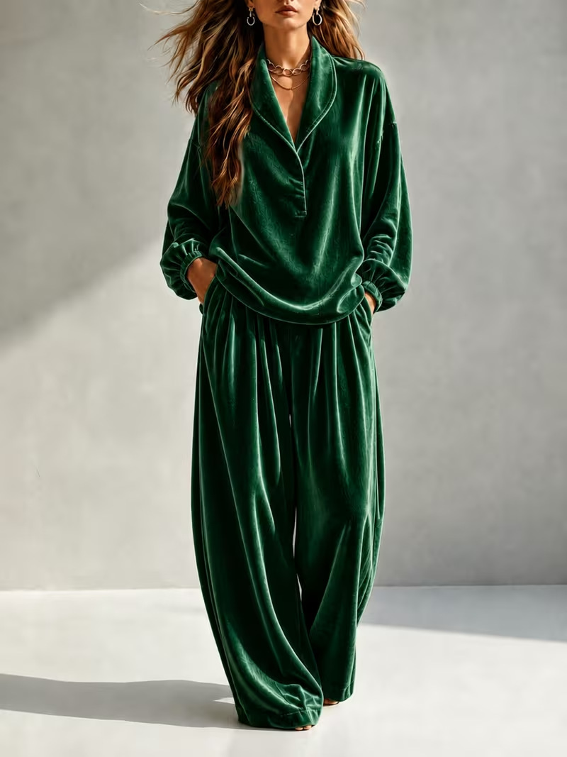 Cozy Velvet Lapel Long Sleeve Top & Wide-Leg Pants Two-Piece Lounge Set