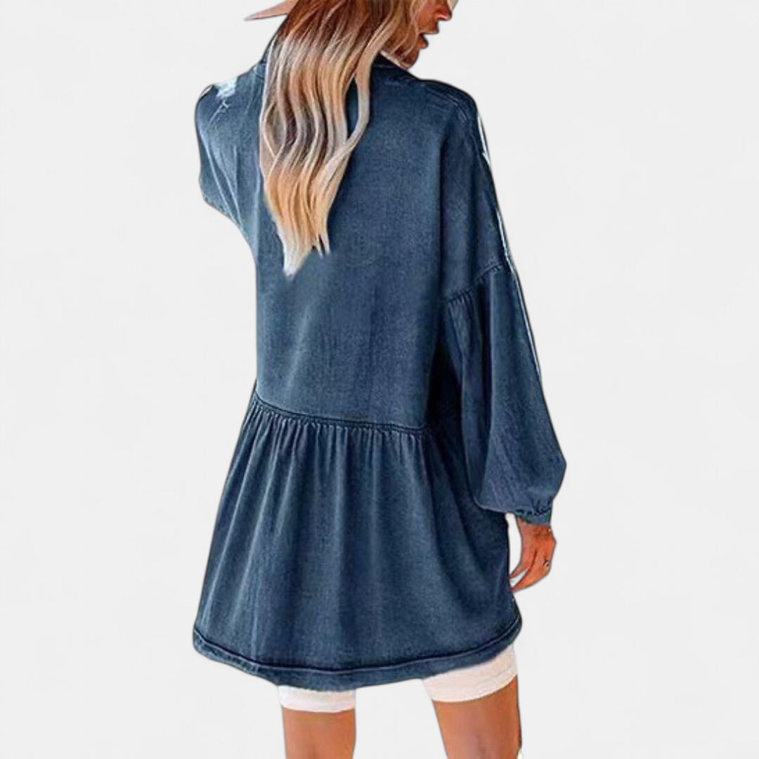 Oversized Fringe Hem Denim Shirt Dress with Lantern Sleeves & Pockets
