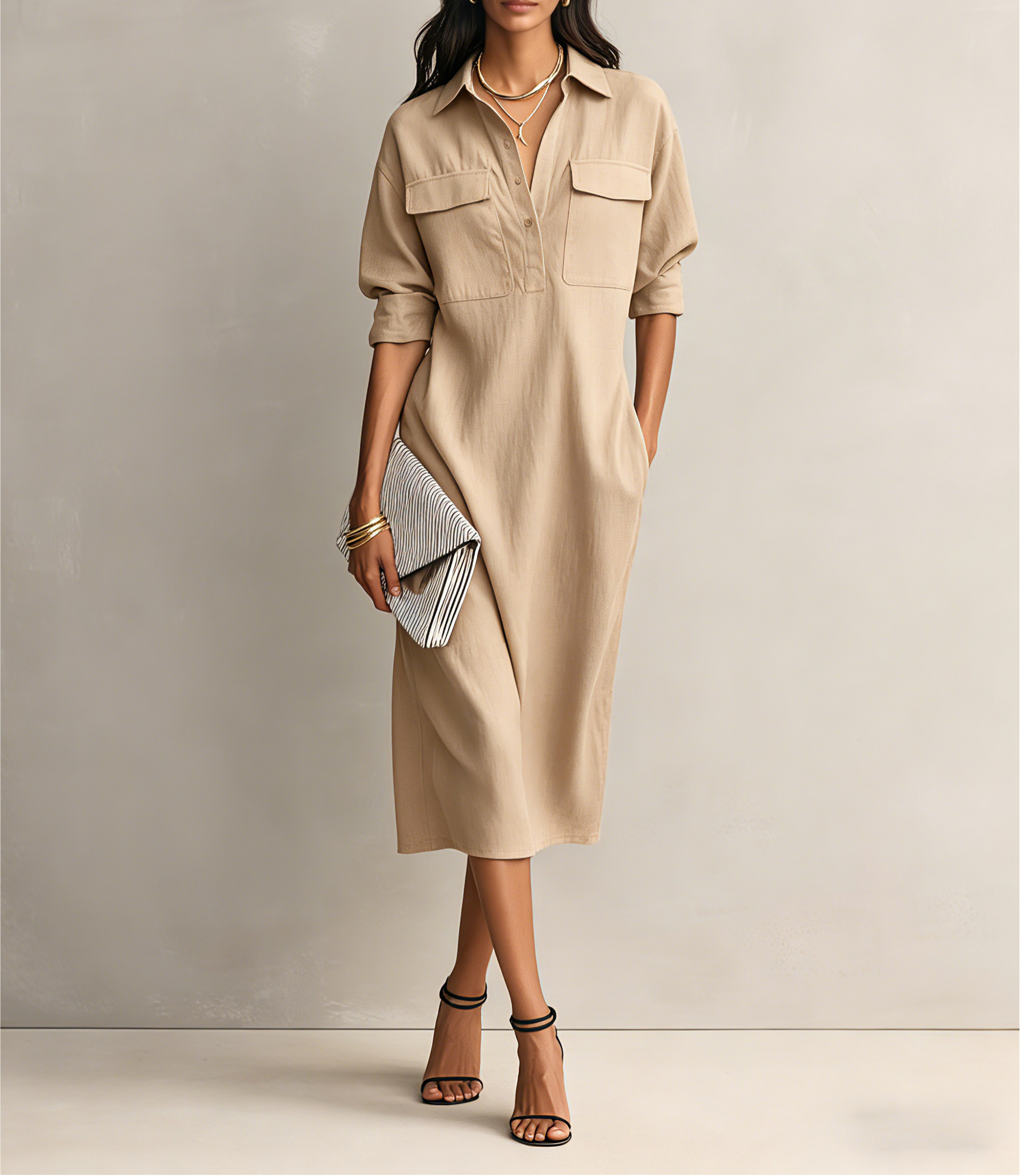 Women’s Casual Cotton-Linen Utility Shirt Dress with Pockets