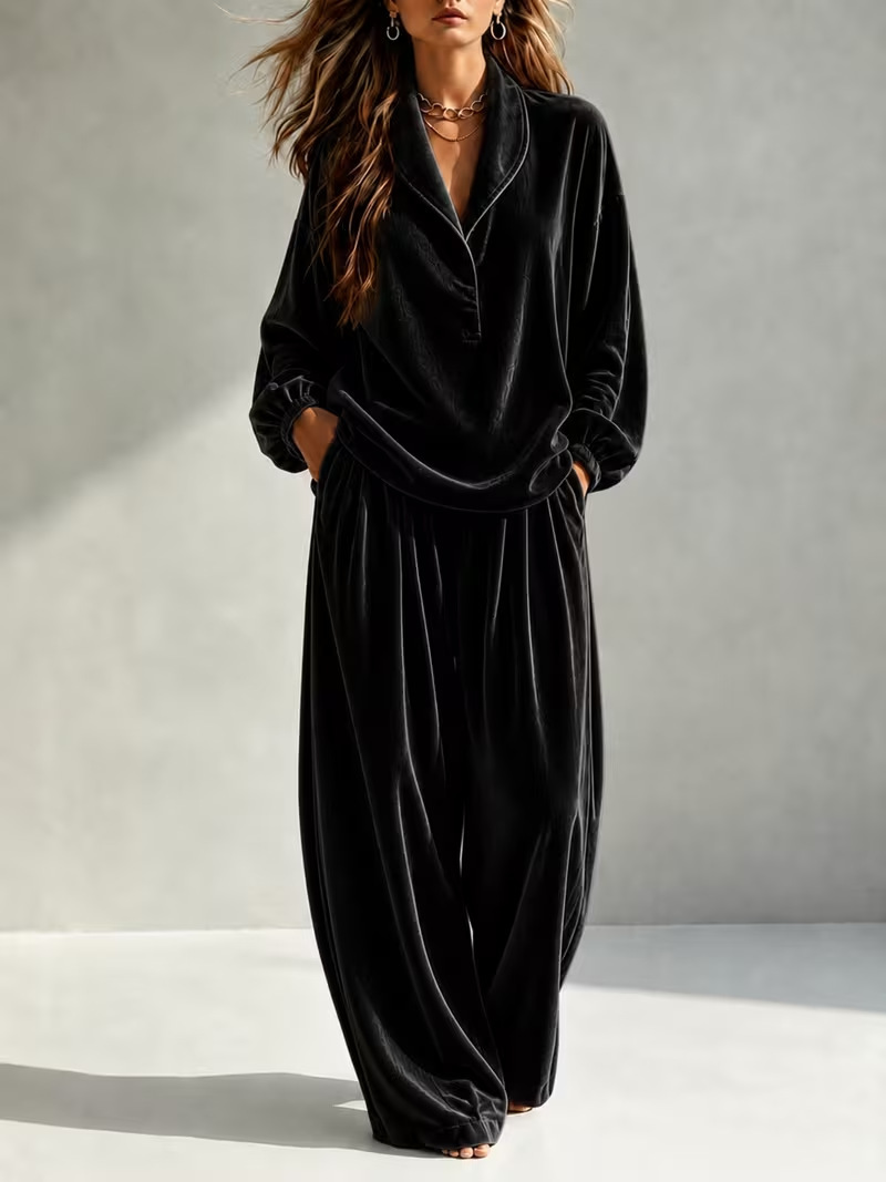 Cozy Velvet Lapel Long Sleeve Top & Wide-Leg Pants Two-Piece Lounge Set