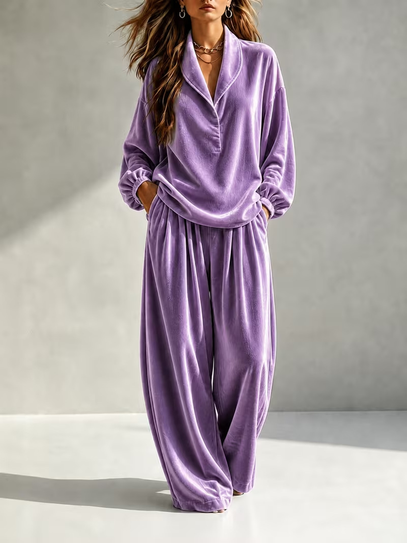 Cozy Velvet Lapel Long Sleeve Top & Wide-Leg Pants Two-Piece Lounge Set