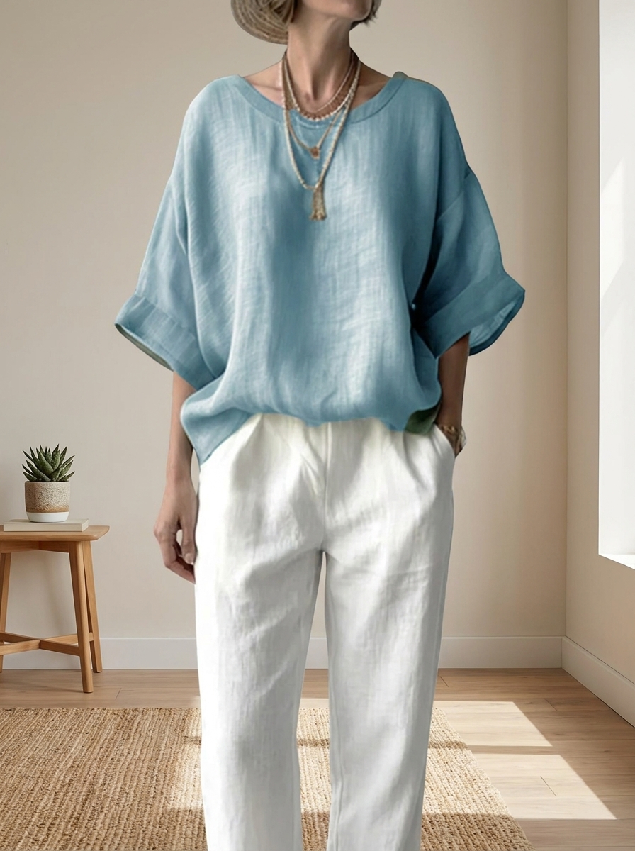 Women’s Oversized Drop-Shoulder Linen-Blend Blouse