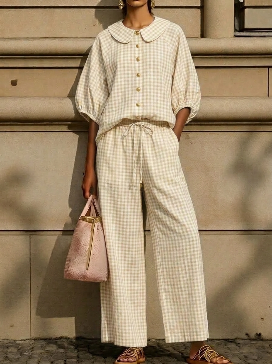 Today 49% off🔥Women’s Cotton Linen Gingham Peter Pan Collar Two-Piece Set