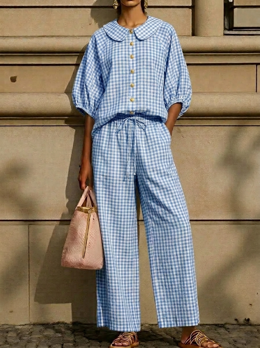 Today 49% off🔥Women’s Cotton Linen Gingham Peter Pan Collar Two-Piece Set