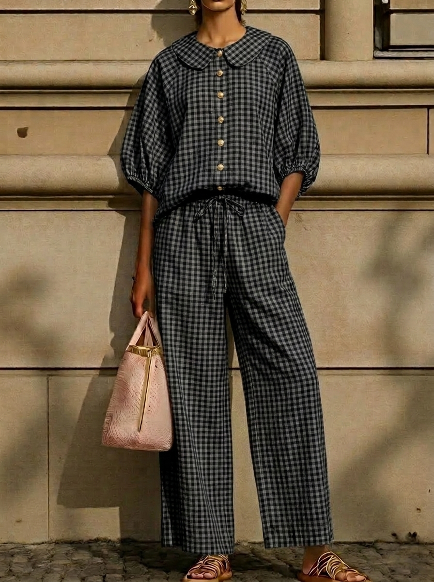 Today 49% off🔥Women’s Cotton Linen Gingham Peter Pan Collar Two-Piece Set