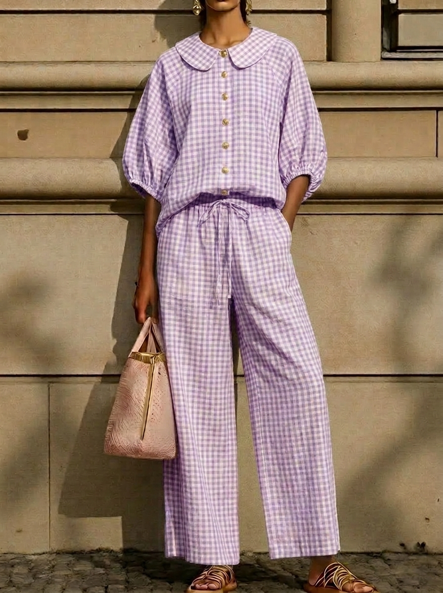 Today 49% off🔥Women’s Cotton Linen Gingham Peter Pan Collar Two-Piece Set