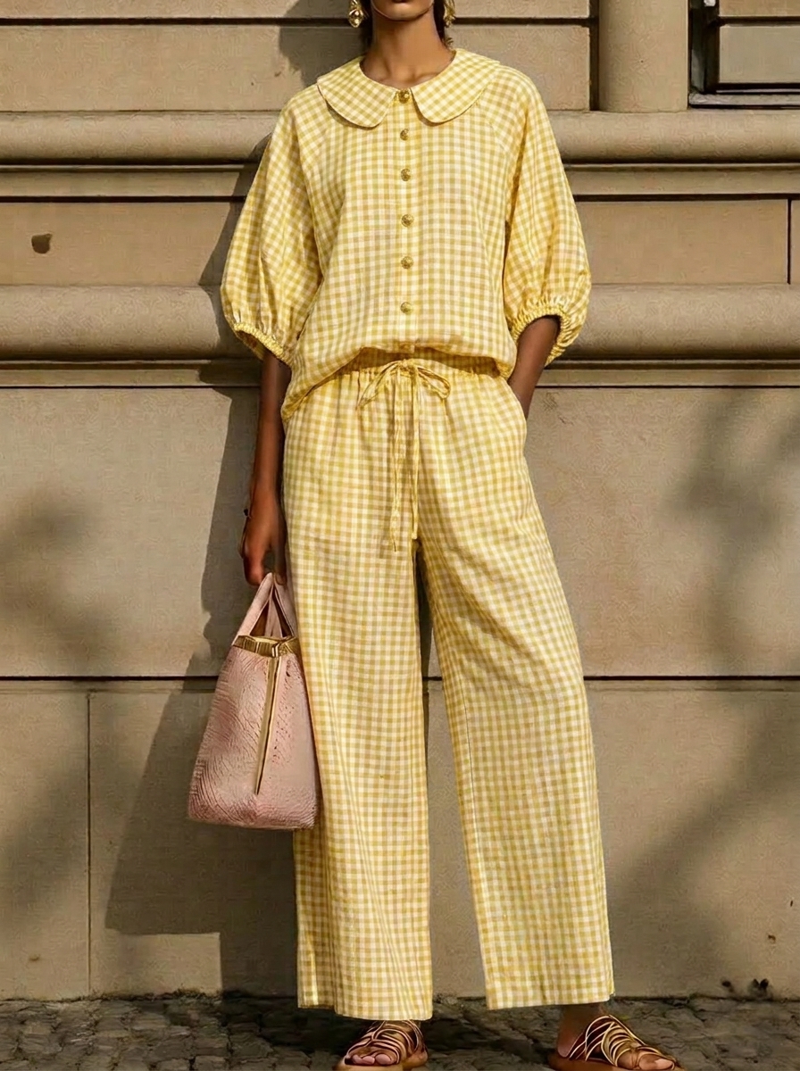 Today 49% off🔥Women’s Cotton Linen Gingham Peter Pan Collar Two-Piece Set
