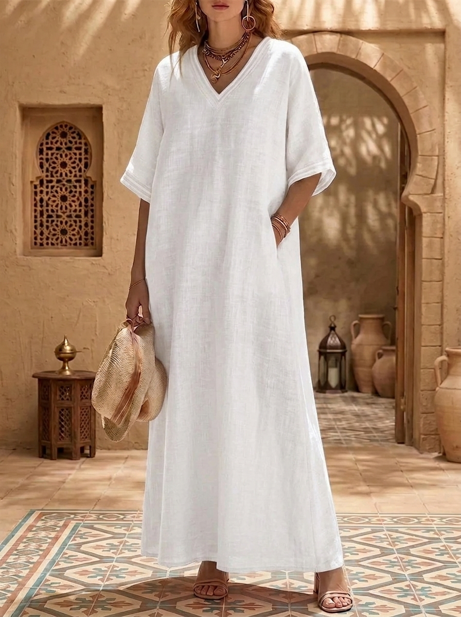Robe Vintage en Lin et Coton Rayée – Coupe Ample & Col en V