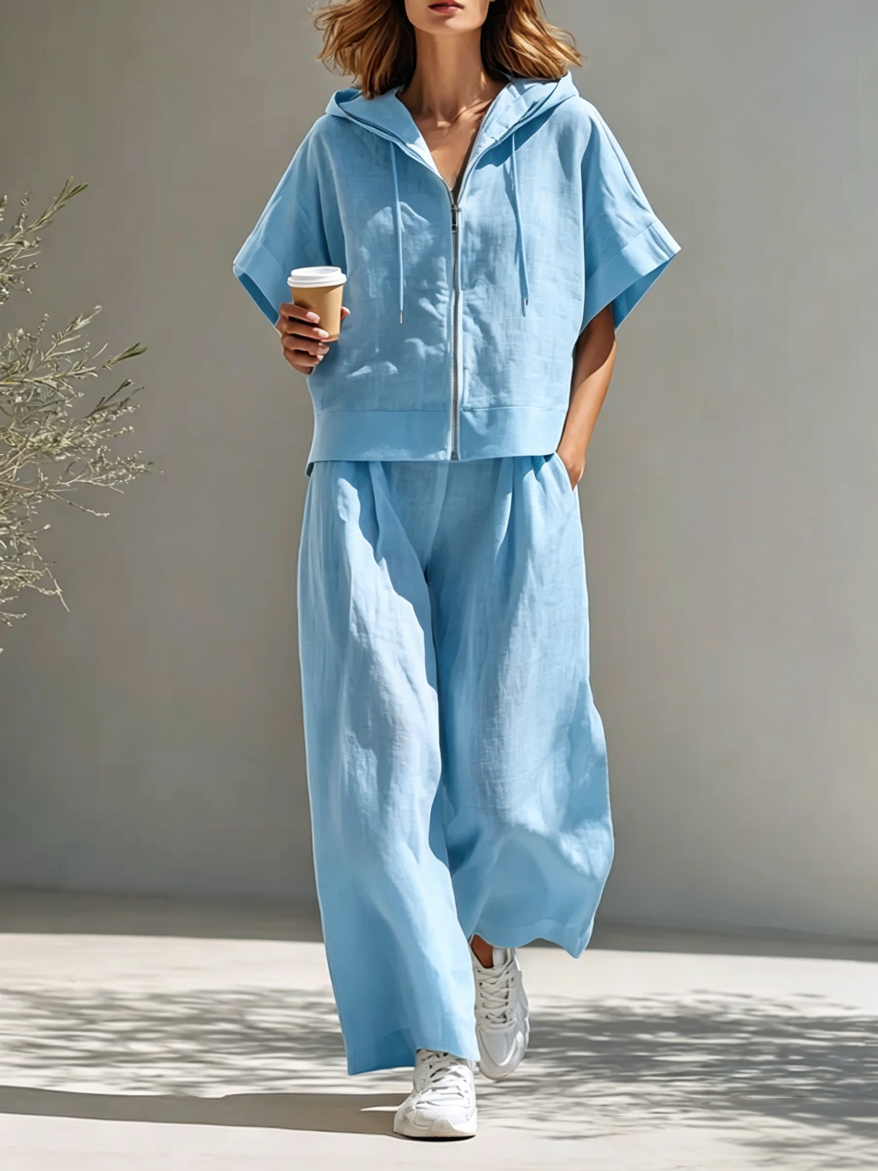 Women's Minimalist Cotton-Linen Blend Hooded Zip-Up Top & Wide-Leg Pants Set