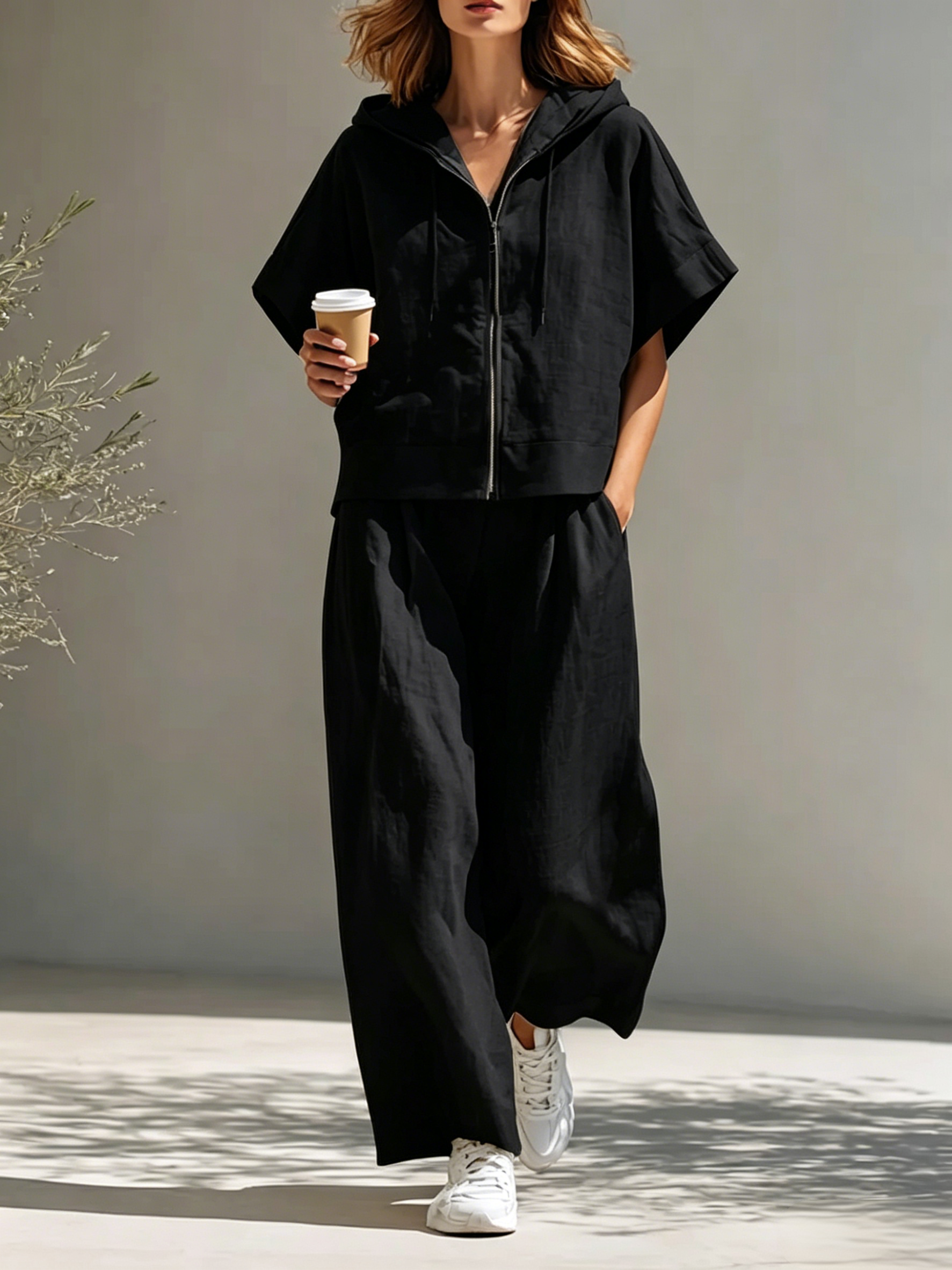 Women's Minimalist Cotton-Linen Blend Hooded Zip-Up Top & Wide-Leg Pants Set