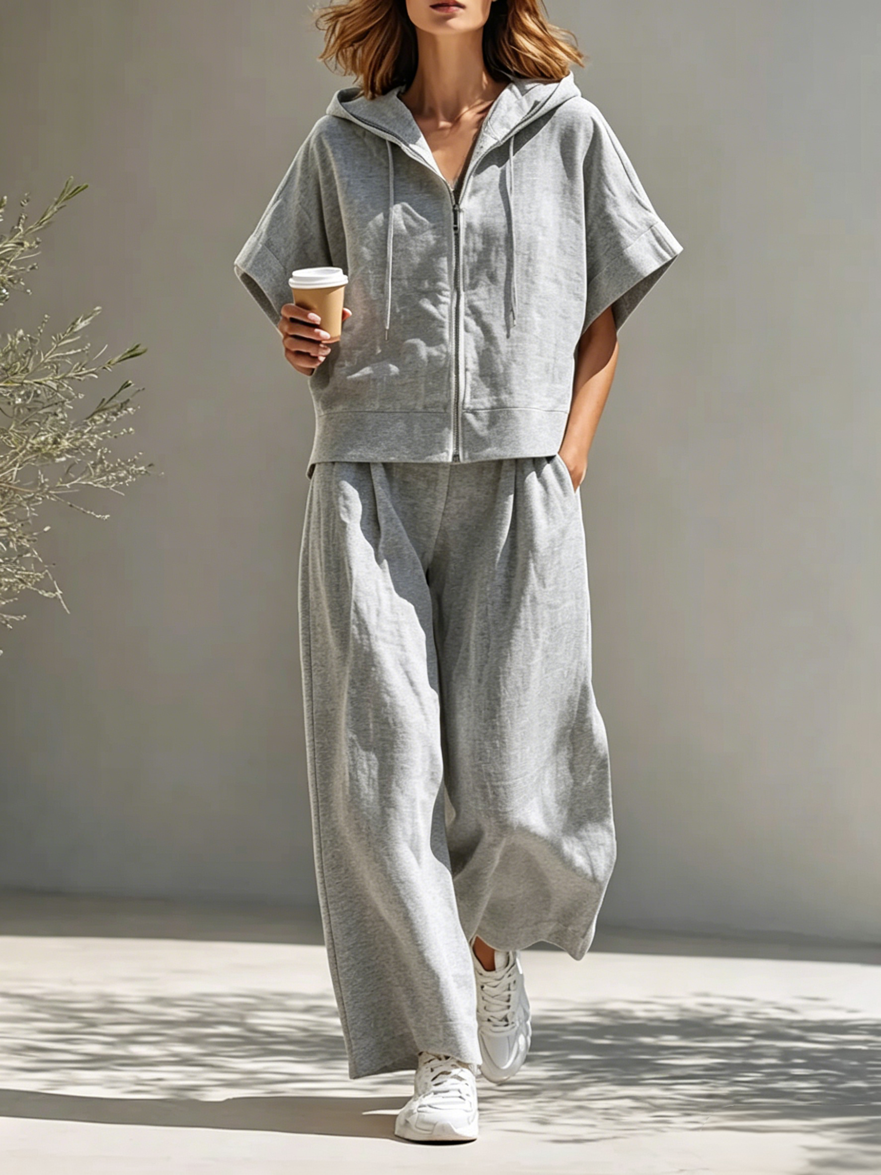 Women's Minimalist Cotton-Linen Blend Hooded Zip-Up Top & Wide-Leg Pants Set