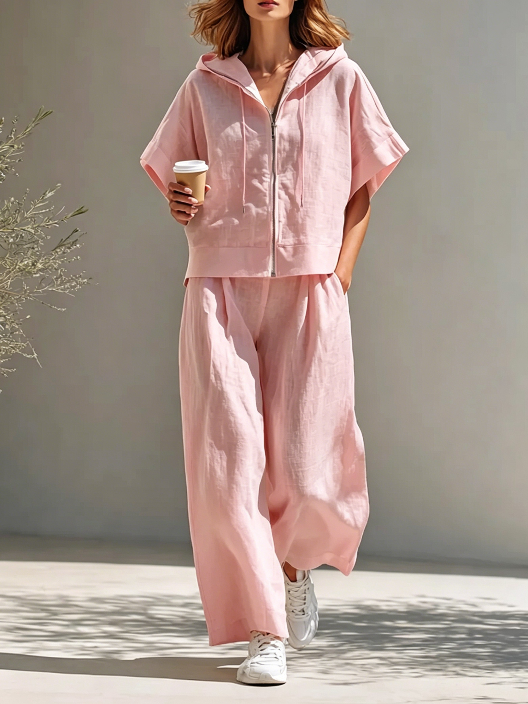 Women's Minimalist Cotton-Linen Blend Hooded Zip-Up Top & Wide-Leg Pants Set