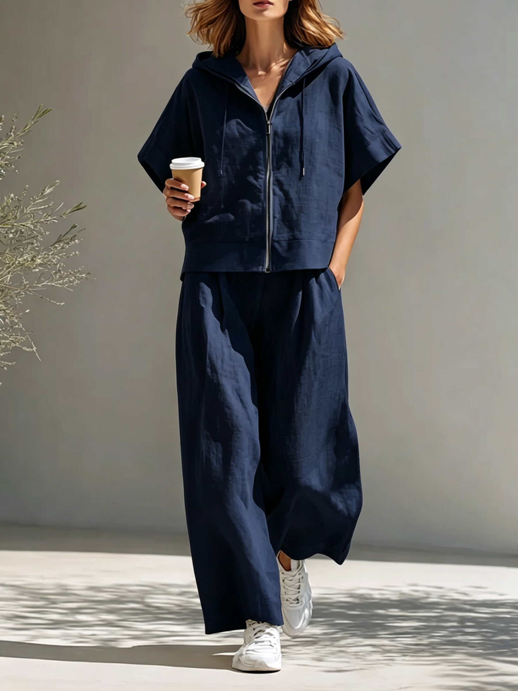 Women's Minimalist Cotton-Linen Blend Hooded Zip-Up Top & Wide-Leg Pants Set