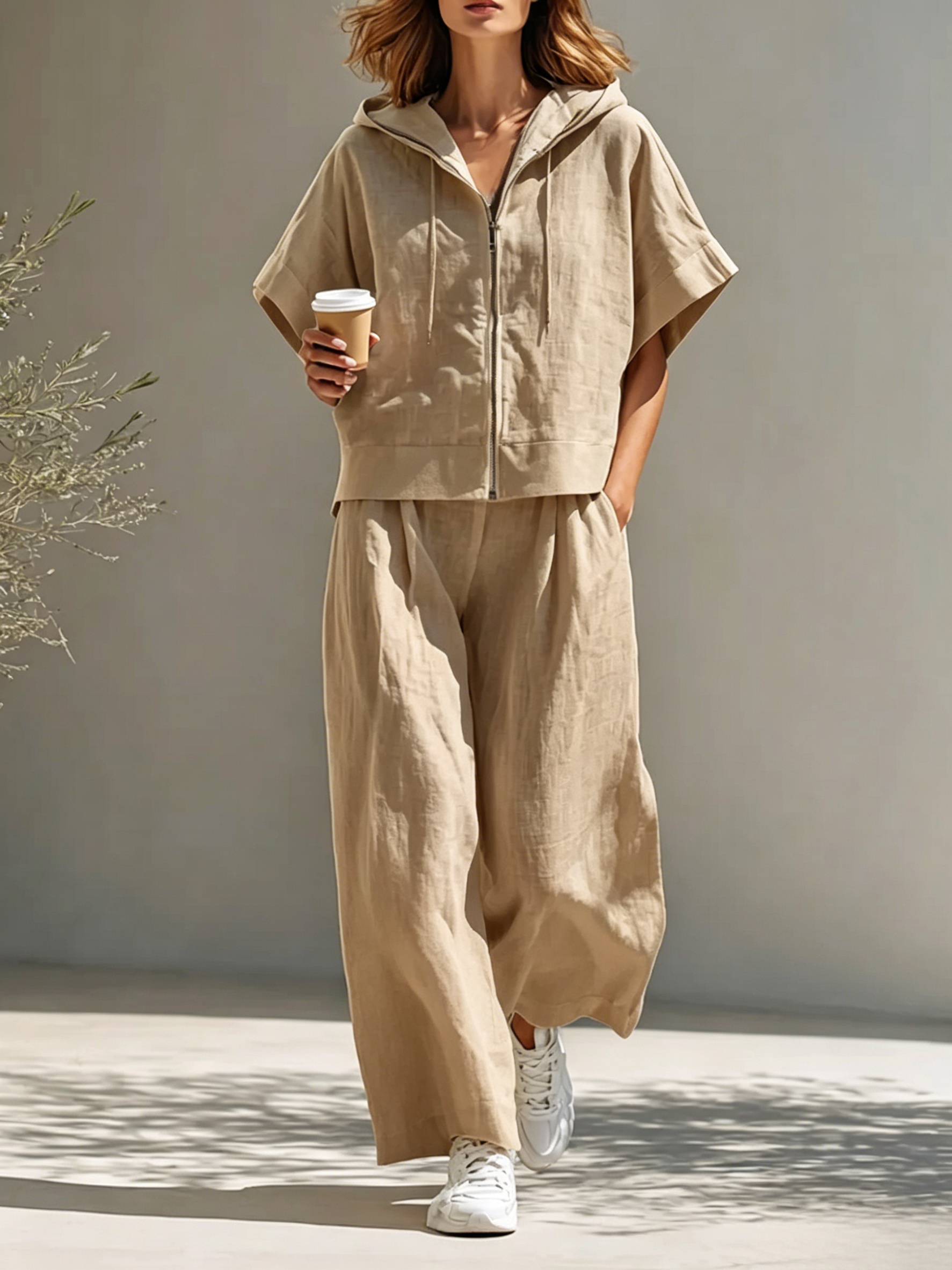 Women's Minimalist Cotton-Linen Blend Hooded Zip-Up Top & Wide-Leg Pants Set