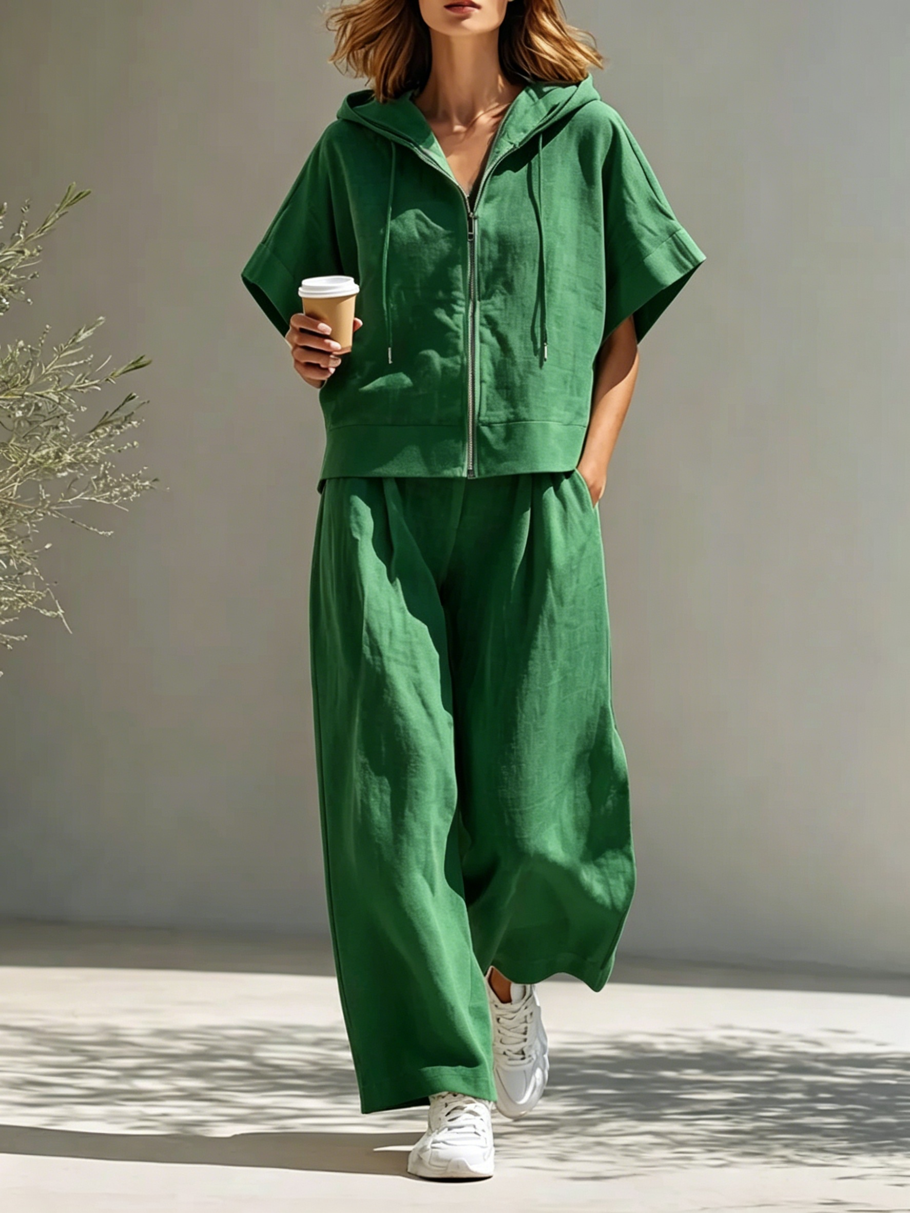 Women's Minimalist Cotton-Linen Blend Hooded Zip-Up Top & Wide-Leg Pants Set