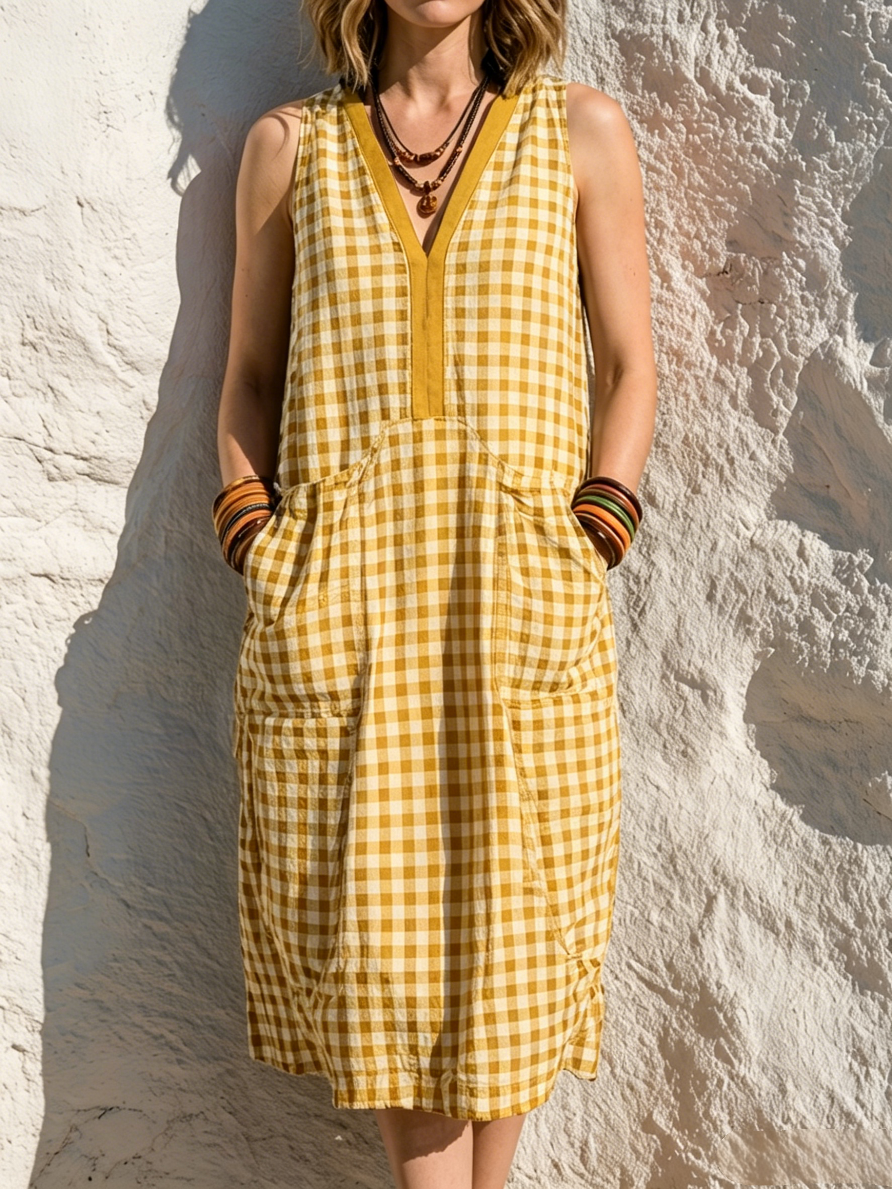 Black & White Gingham V-neck Linen-cotton Sleeveless A-line Dress