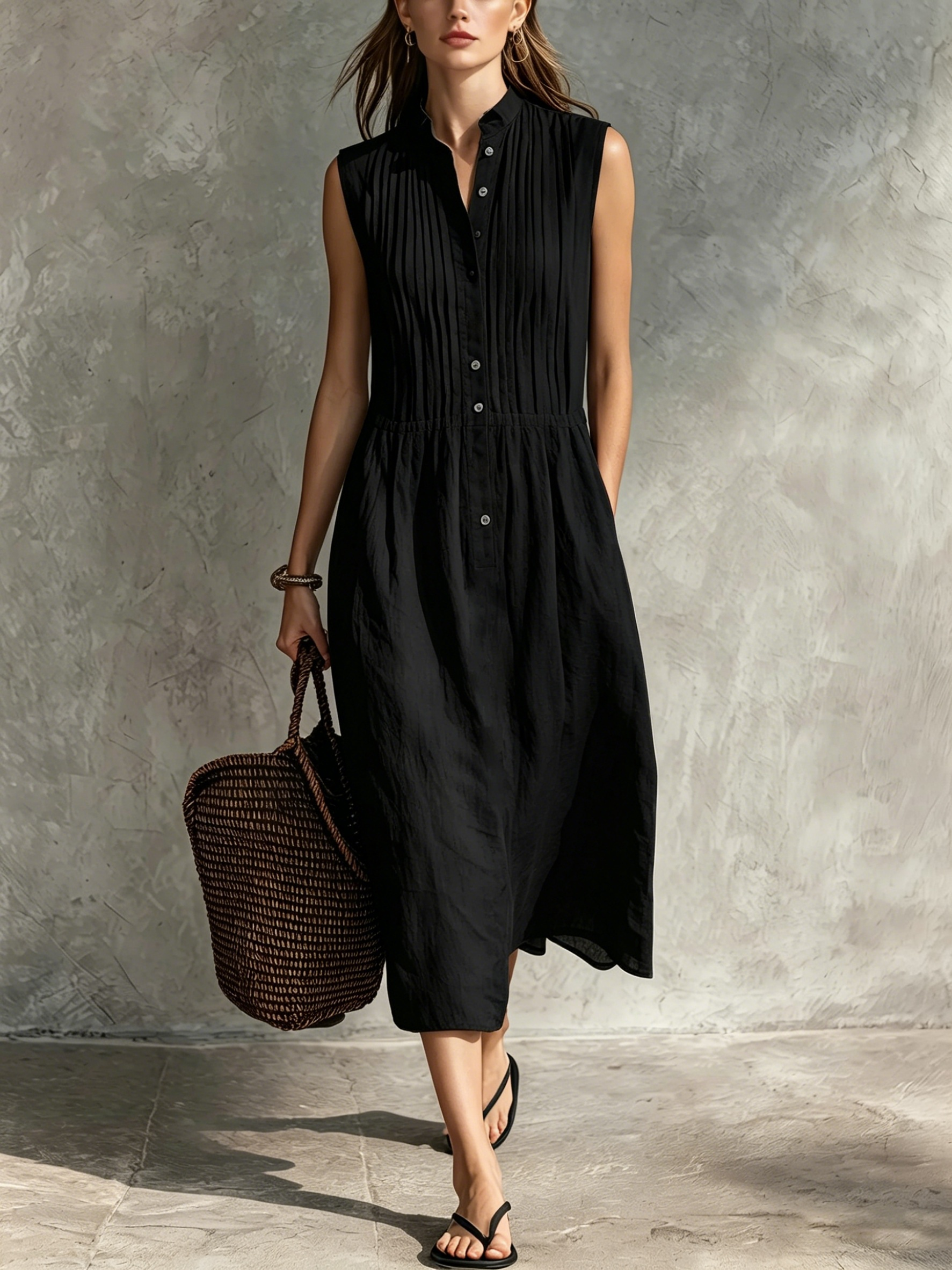Women’s Casual Cotton-Linen Sleeveless Midi Dress
