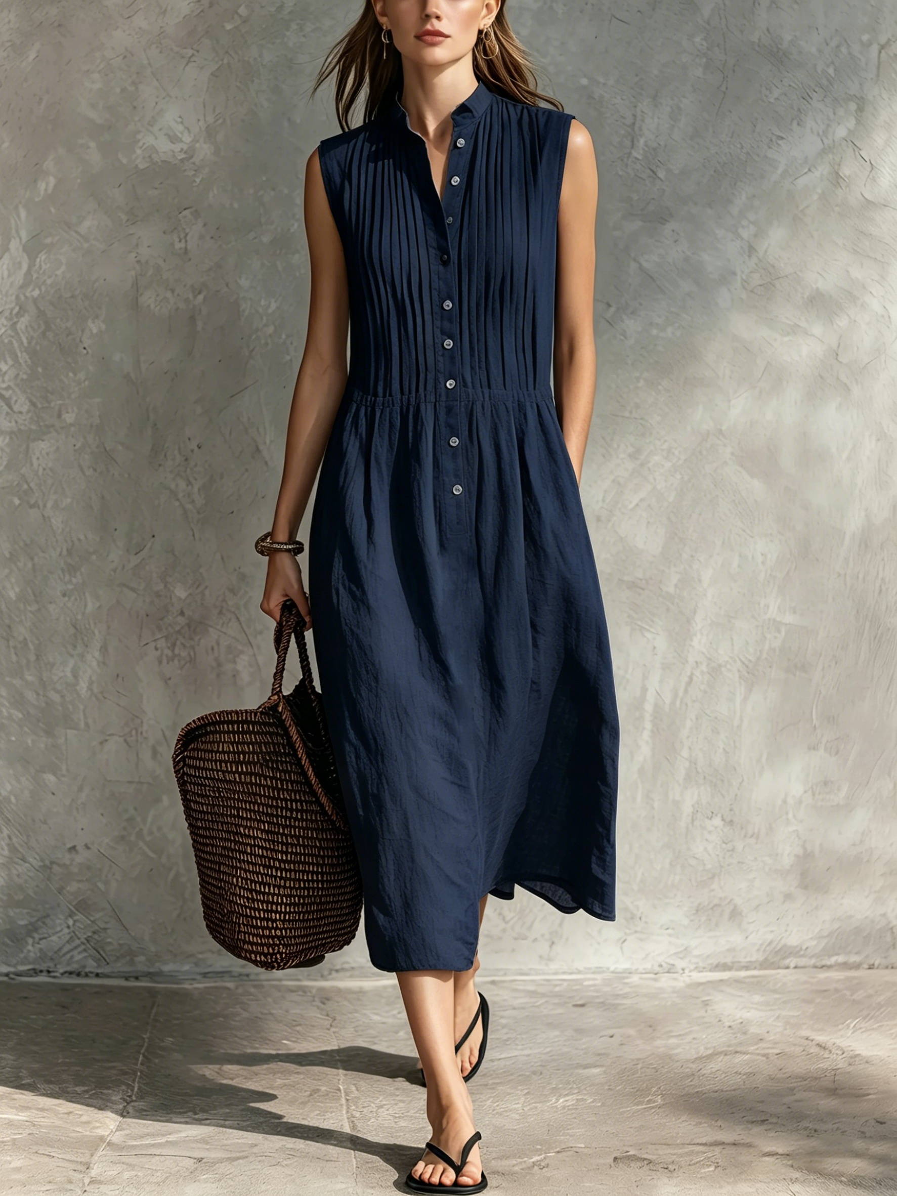 Women’s Casual Cotton-Linen Sleeveless Midi Dress