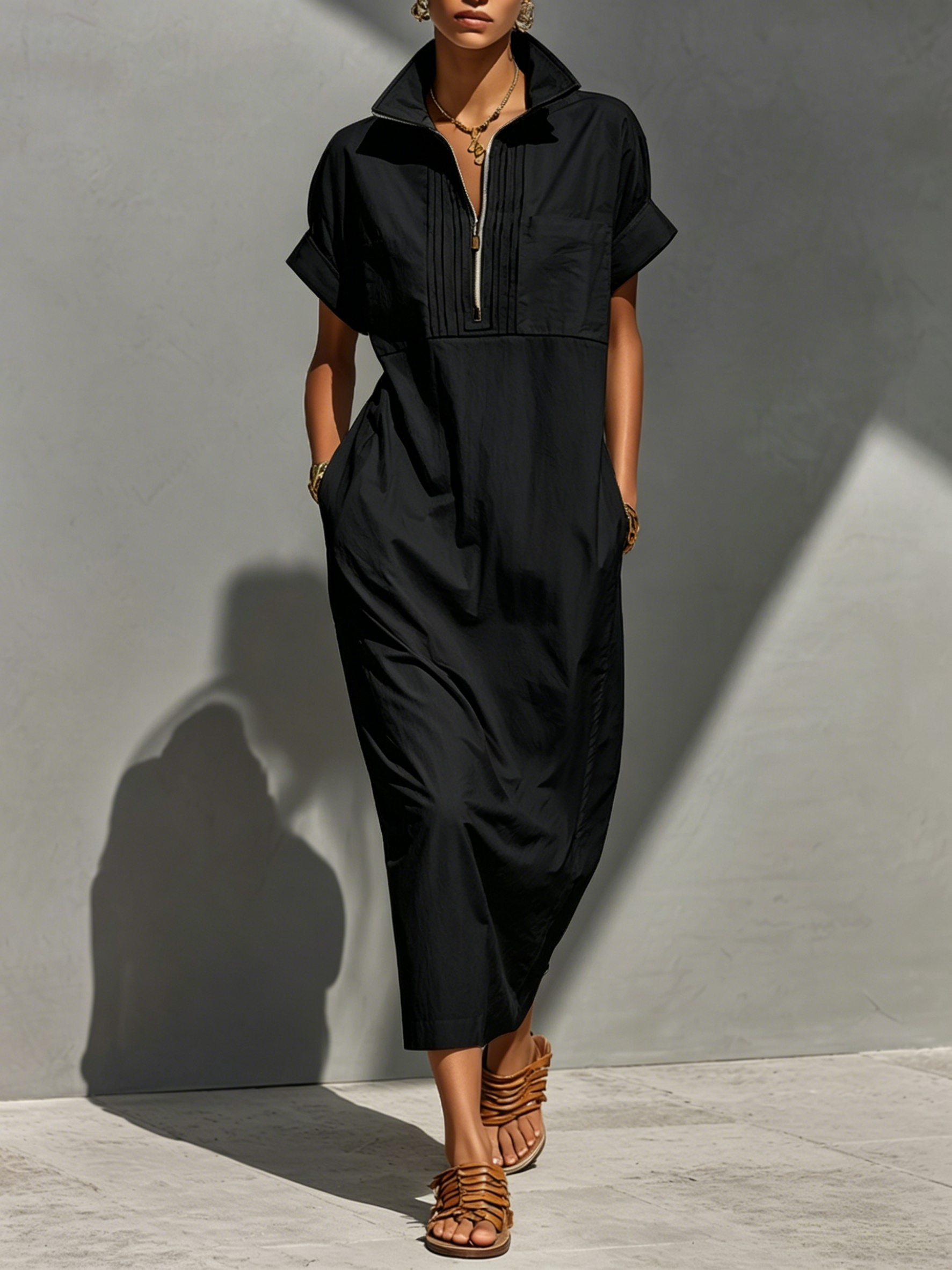 Women’s Casual Cotton Half-Zip Collared Maxi Dress