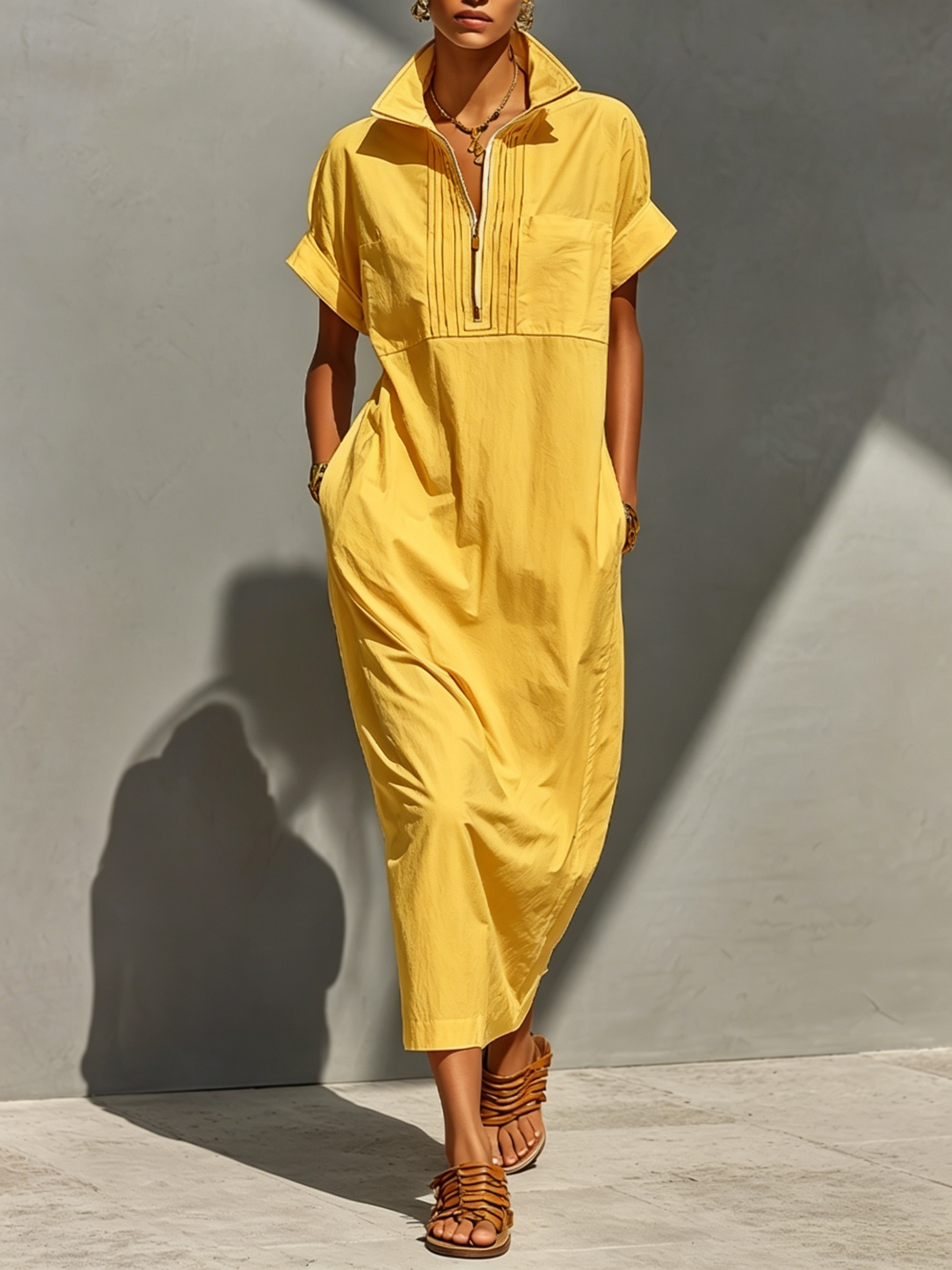 Women’s Casual Cotton Half-Zip Collared Maxi Dress