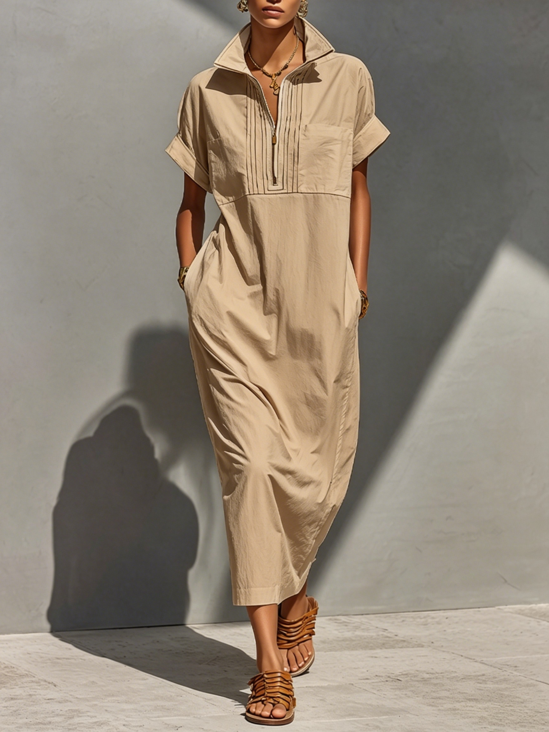 Women’s Casual Cotton Half-Zip Collared Maxi Dress