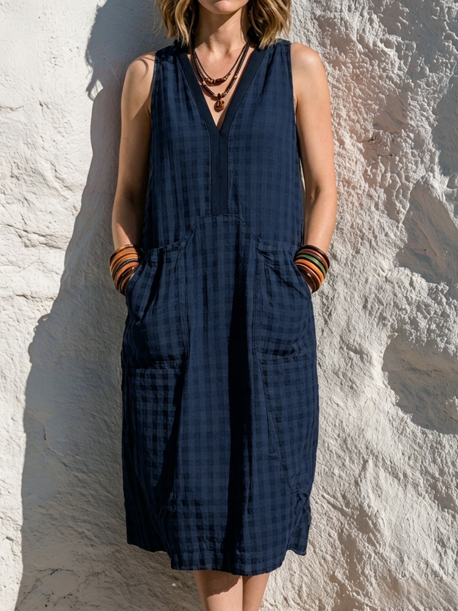 Black & White Gingham V-neck Linen-cotton Sleeveless A-line Dress