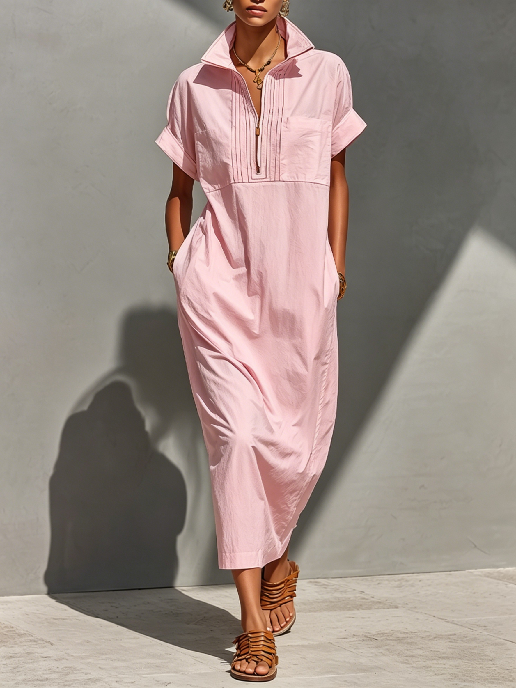 Women’s Casual Cotton Half-Zip Collared Maxi Dress