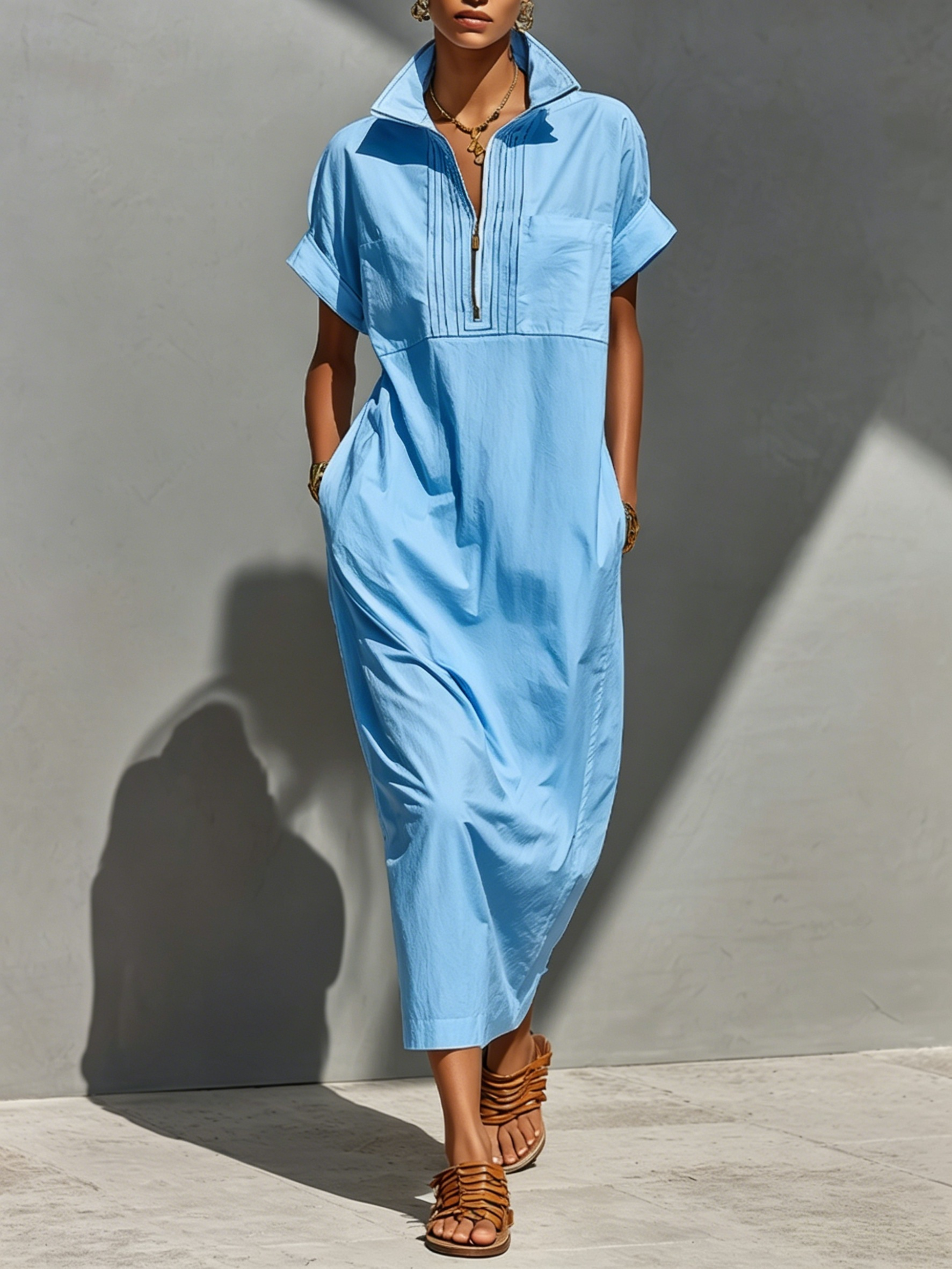 Women’s Casual Cotton Half-Zip Collared Maxi Dress