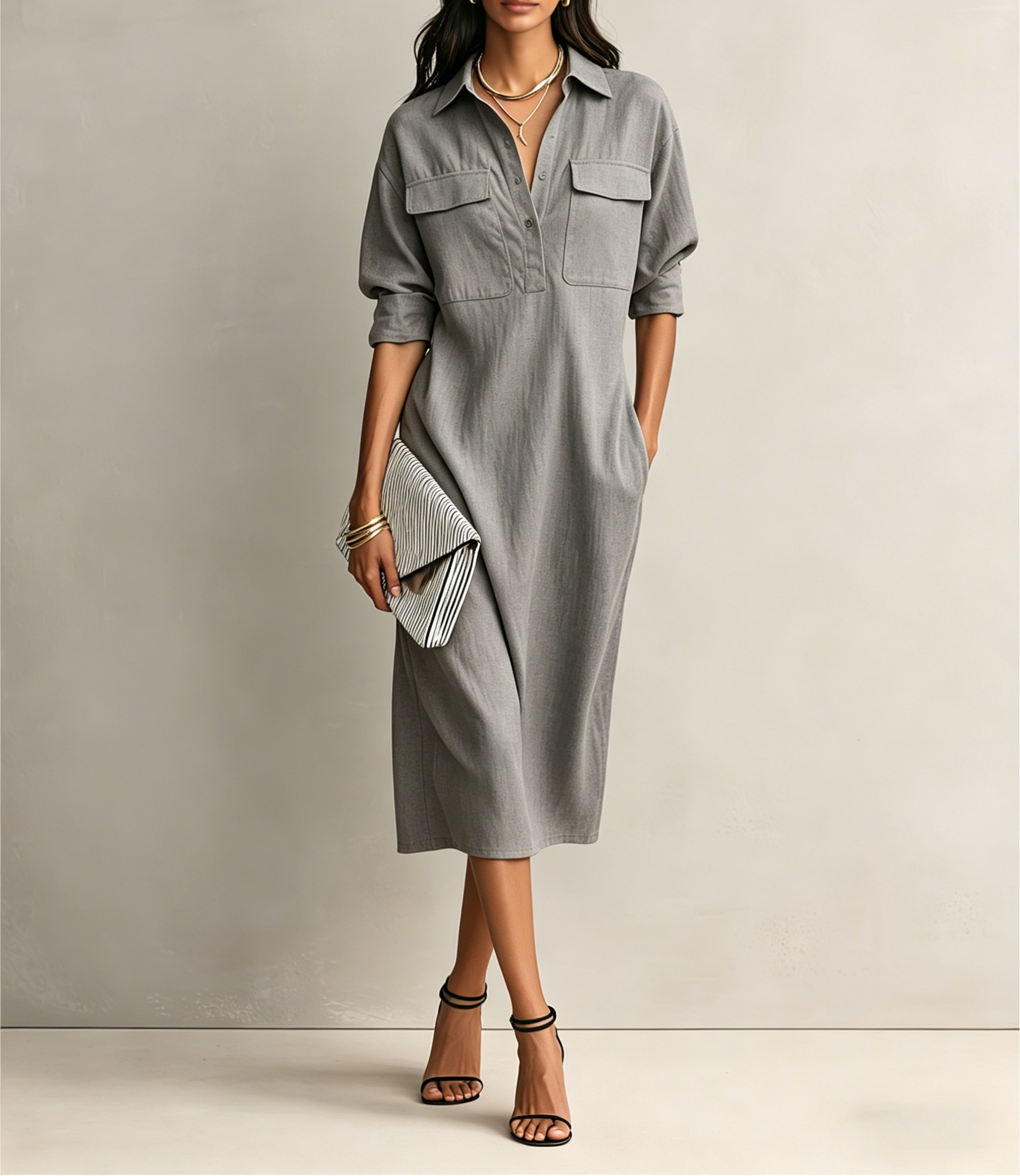 Women’s Casual Cotton-Linen Utility Shirt Dress with Pockets