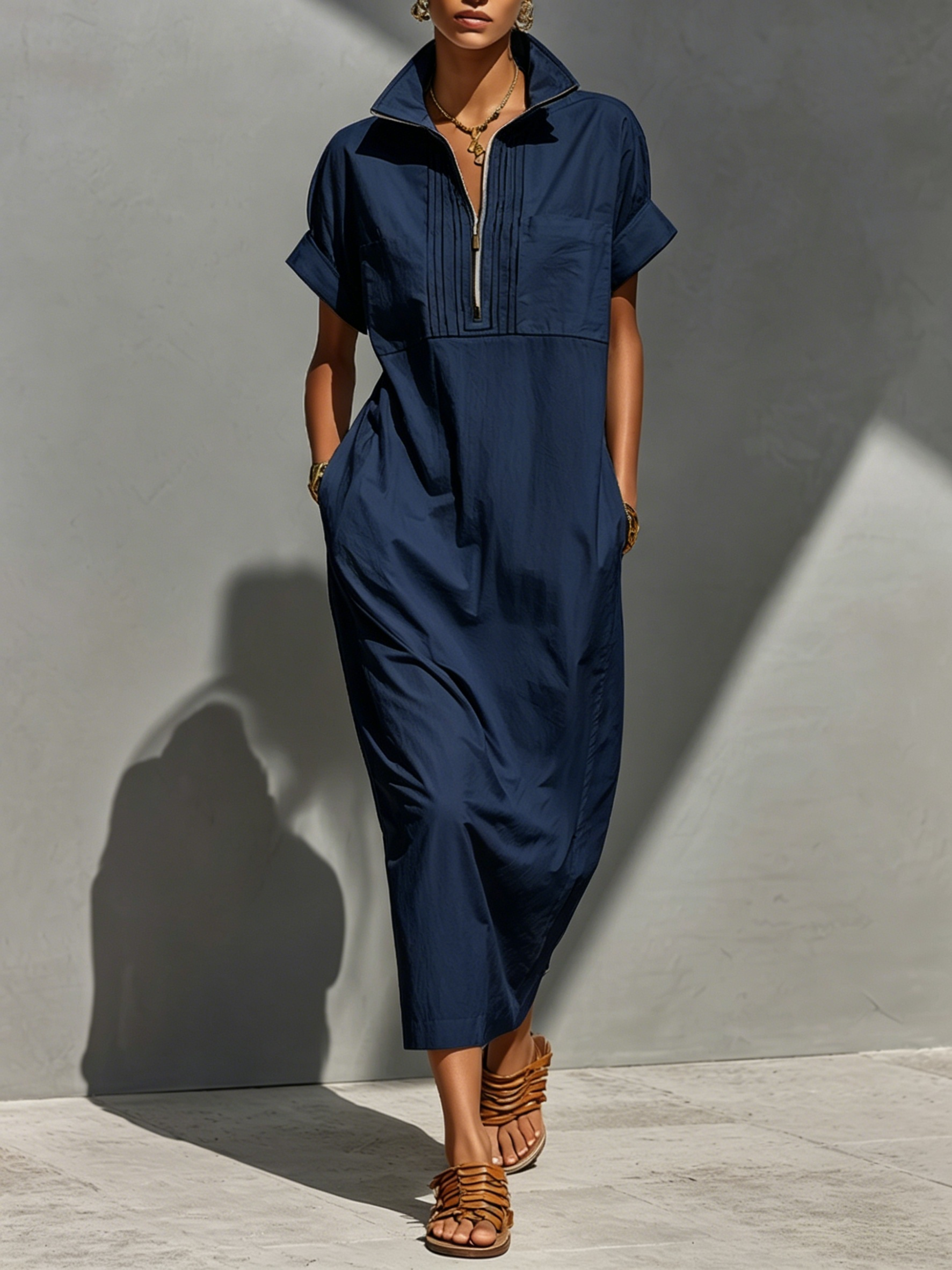 Women’s Casual Cotton Half-Zip Collared Maxi Dress