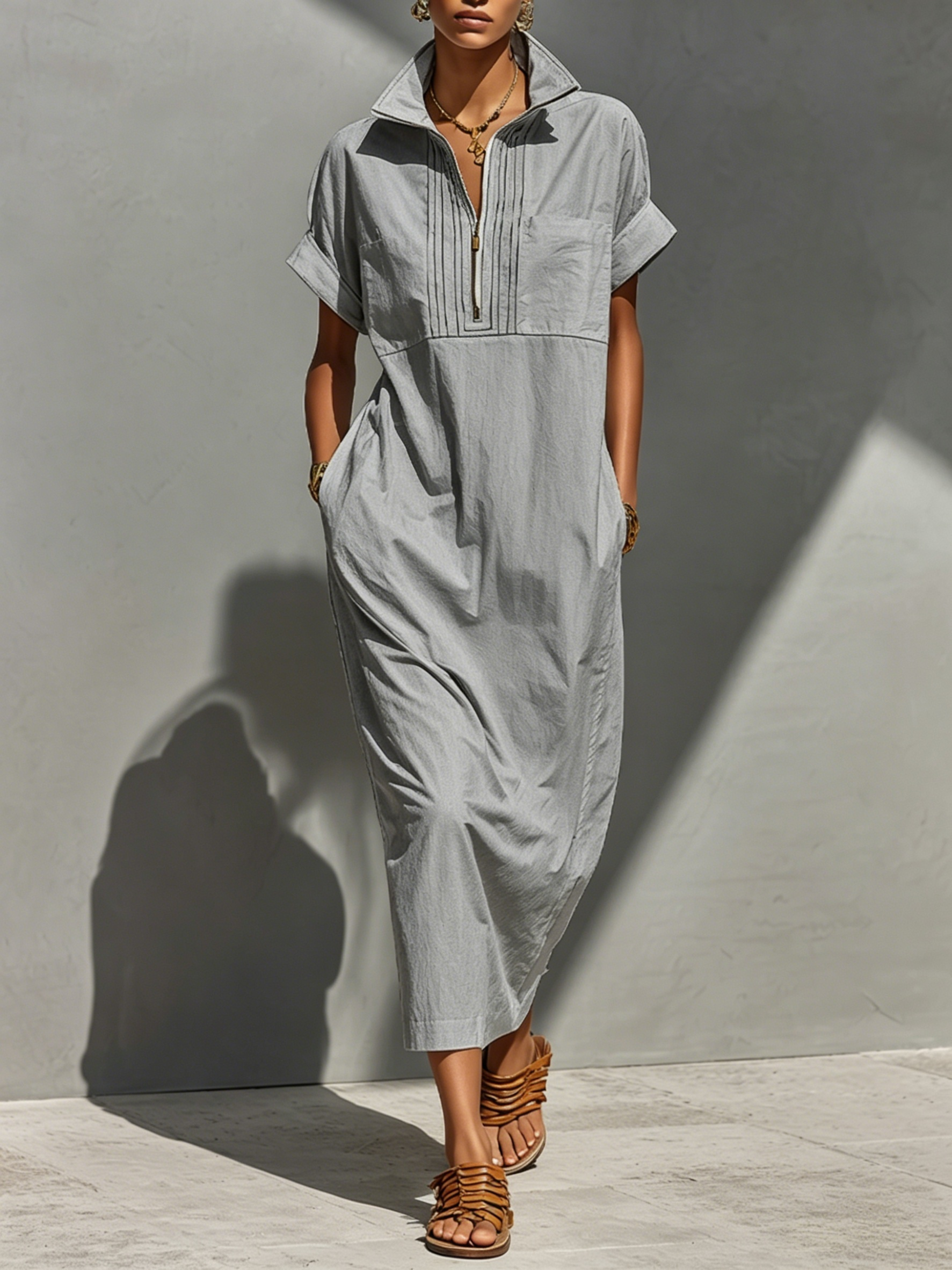 Women’s Casual Cotton Half-Zip Collared Maxi Dress