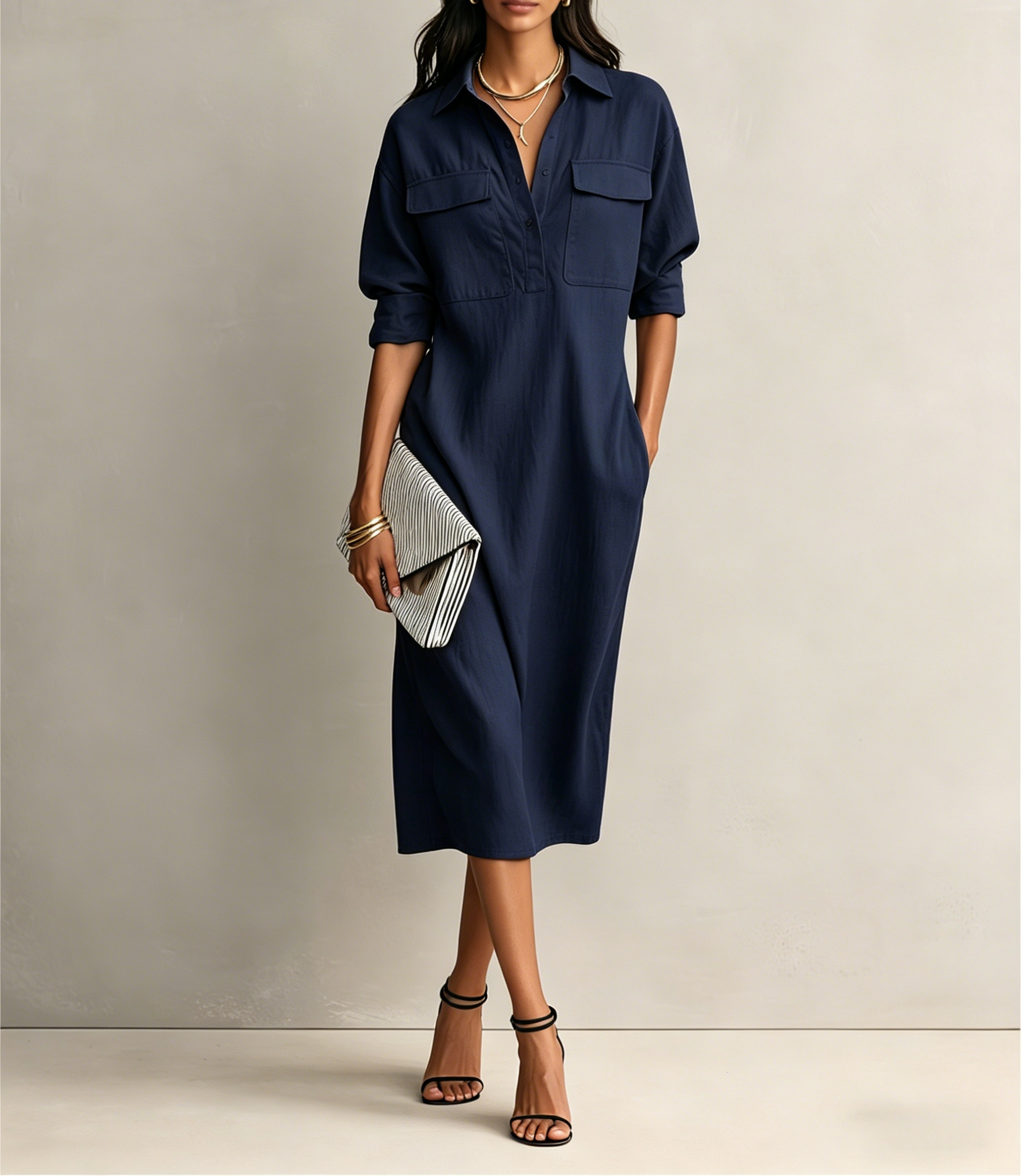 Women’s Casual Cotton-Linen Utility Shirt Dress with Pockets