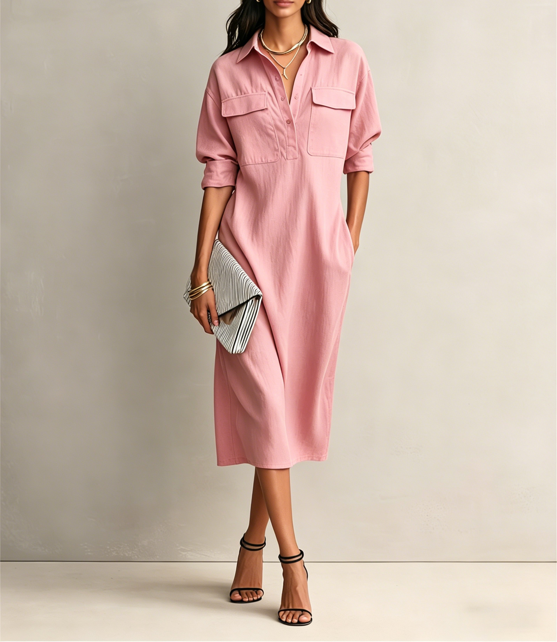 Women’s Casual Cotton-Linen Utility Shirt Dress with Pockets